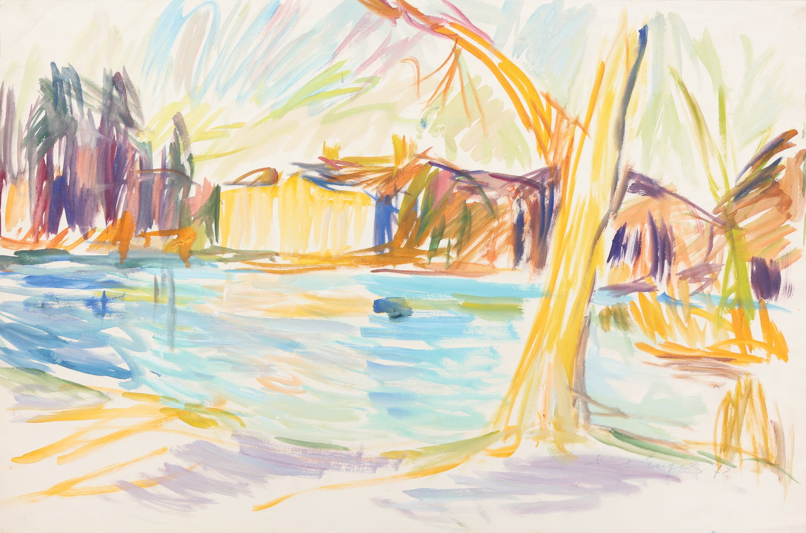 Lisl Engels* (Mödling 1916 - 2006 Thalgauegg): Lisl Engels* (Mödling 1916 - 2006 Thalgauegg) Leopoldskroner pond, 1972 watercolor/paper 30 x 77 cm signed Lisl Engels, dated 1972 SCHÄTZPREIS / ESTIMATE € 300 - 600<