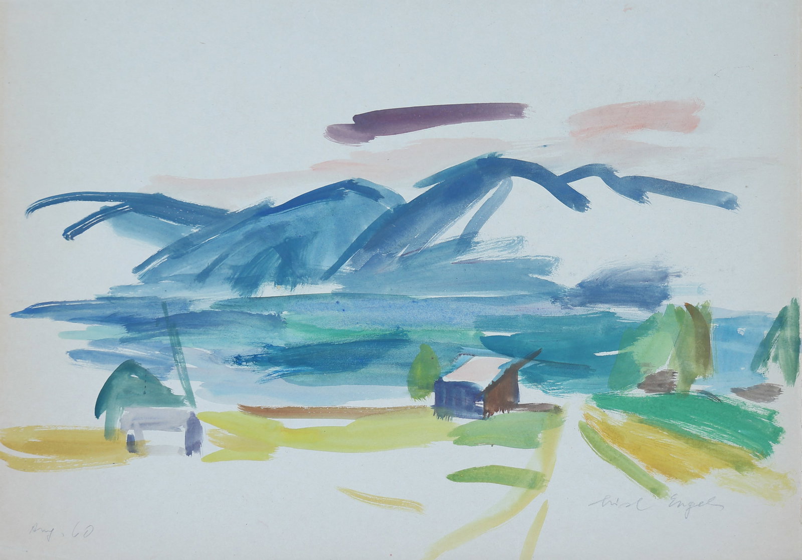 Lisl Engels* (Mödling 1916 - 2006 Thalgauegg): Lisl Engels* (Mödling 1916 - 2006 Thalgauegg) Attersee, 1960 watercolor/paper 45 x 62 cm signed Lisl Engels, dated 1960 SCHÄTZPREIS / ESTIMATE € 600 - 1200<