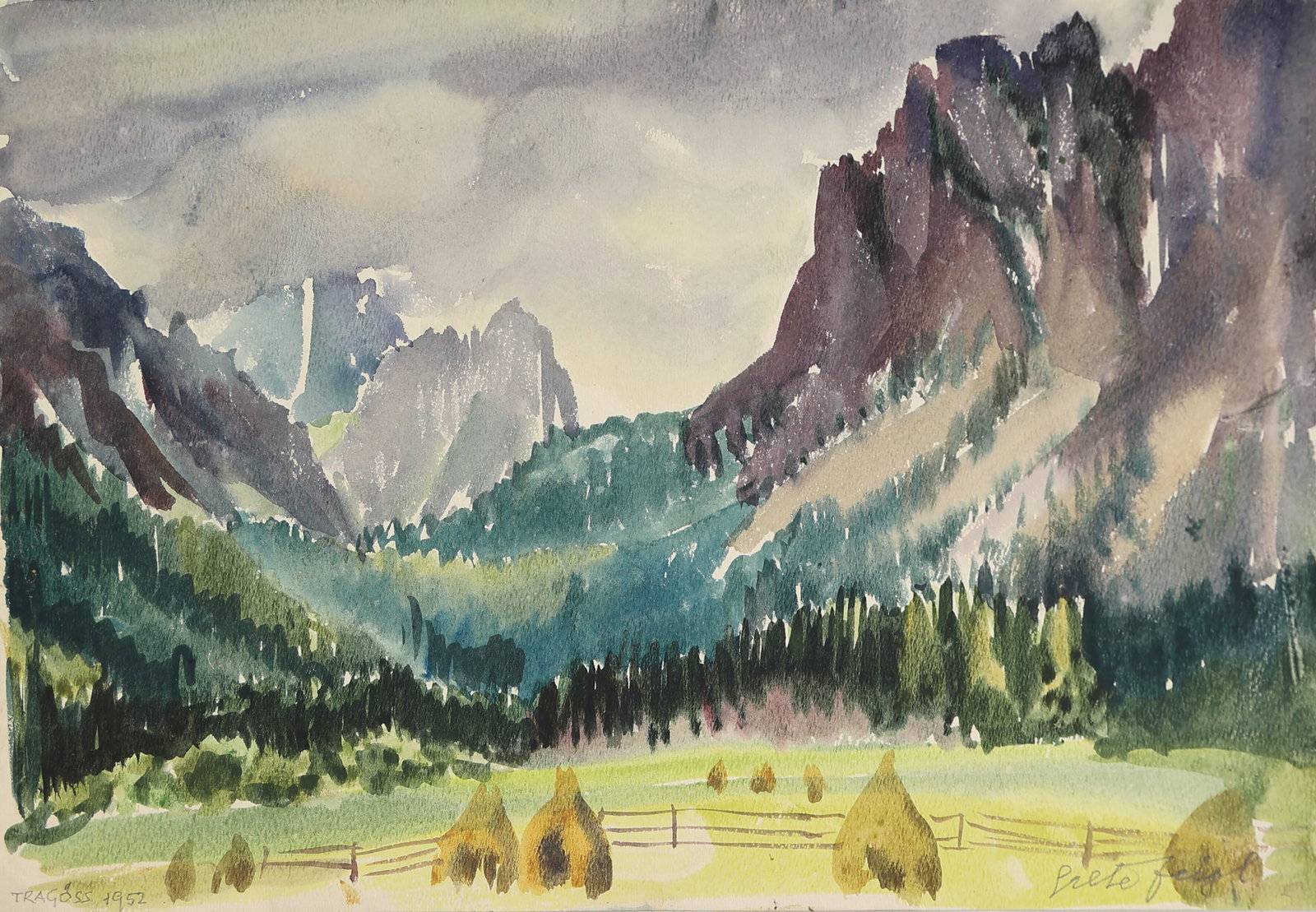 Margarete Johanna Feigl-Zellner* (Gmunden 1900 - 1994 unknown): Margarete Johanna Feigl-Zellner* (Gmunden 1900 - 1994 unknown) Tragöss, 1952 watercolor/paper 23,7 x 35,8 cm signed Grete Feigl, dated 1952 inscribed Tragöss