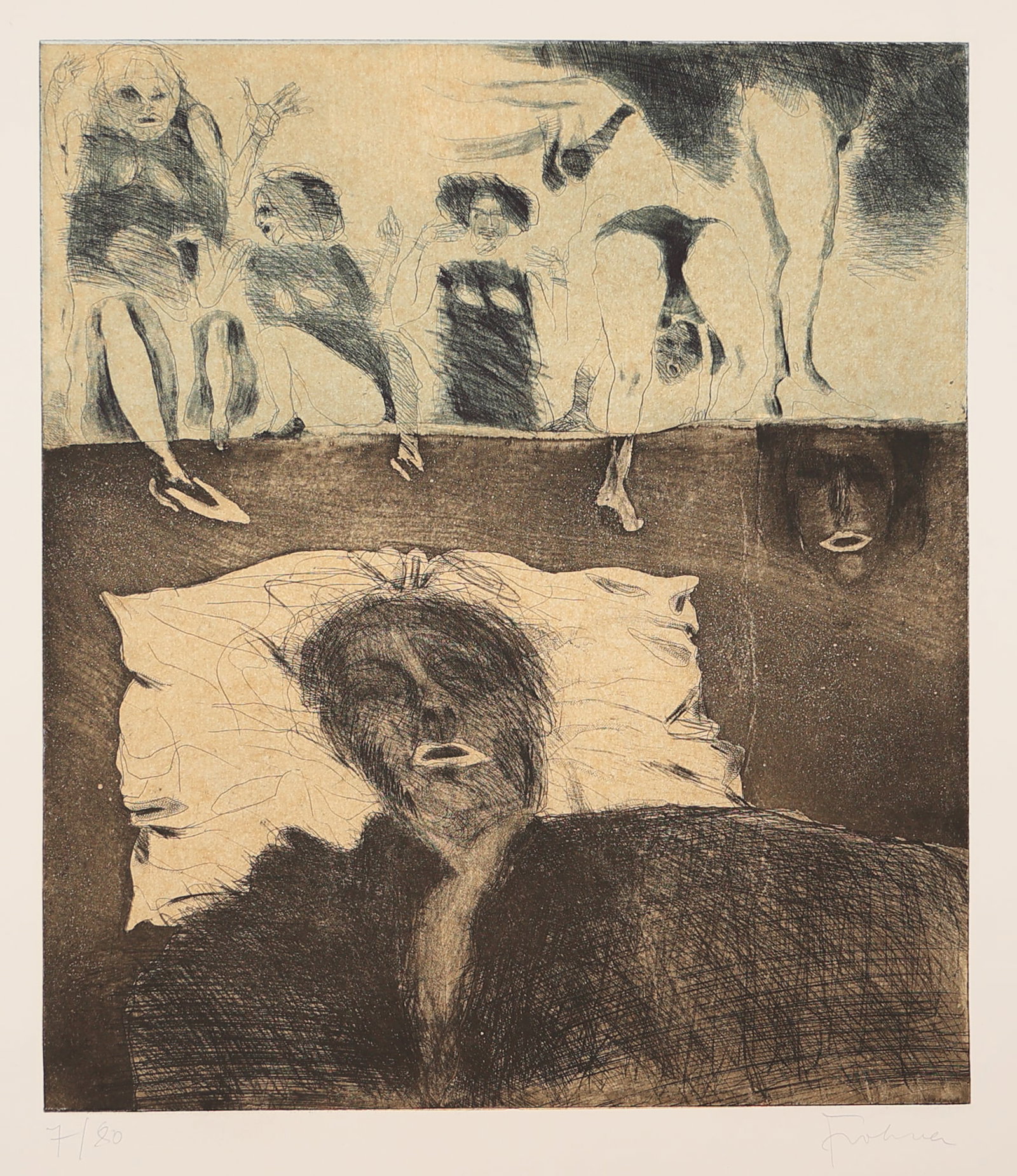 Adolf Frohner* (Großinzersdorf 1934 - 2007 Vienna): Adolf Frohner* (Großinzersdorf 1934 - 2007 Vienna) Franzl's dream etching/paper 39,8 x 33 cm signed Frohner, numbered 7/80 SCHÄTZPREIS / ESTIMATE °€ 80