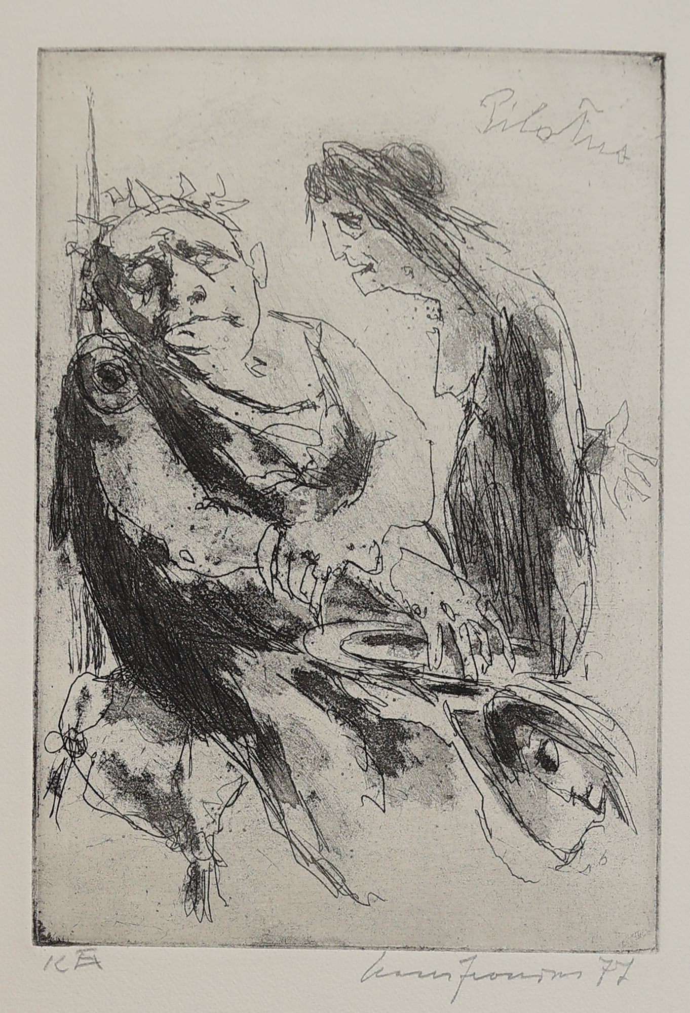Hans Fronius* (Sarajevo 1903 - 1988 Mödling): Hans Fronius* (Sarajevo 1903 - 1988 Mödling) Pilate, 1977 etching/paper 25,5 x 17,7 cm signed Hans Fronius, dated 77 inscribed 12. Ex inscribed in the plate Pilatus