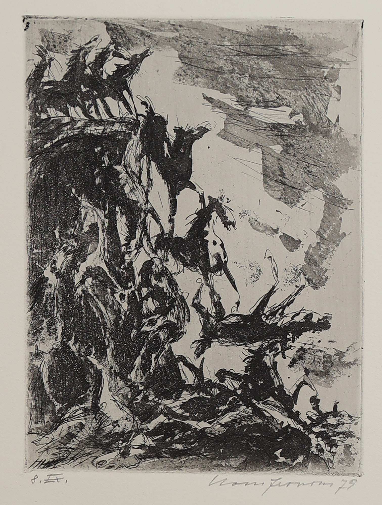 Hans Fronius* (Sarajevo 1903 - 1988 Mödling): Hans Fronius* (Sarajevo 1903 - 1988 Mödling) The horses of Solutré, 1979 etching/paper 19,4 x 13,6 cm signed Hans Fronius, dated 79 inscribed 8. Ex., Die Pferde von Solutré Für