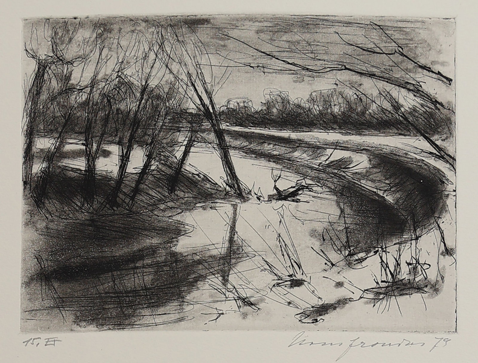 Hans Fronius* (Sarajevo 1903 - 1988 Mödling): Hans Fronius* (Sarajevo 1903 - 1988 Mödling) River in winter, 1979 etching/paper 14,1 x 19,6 cm signed Hans Fronius, dated 79 inscribed 15. Ex "Fluss im Winter" Für Frau Inge herzlichst, HF