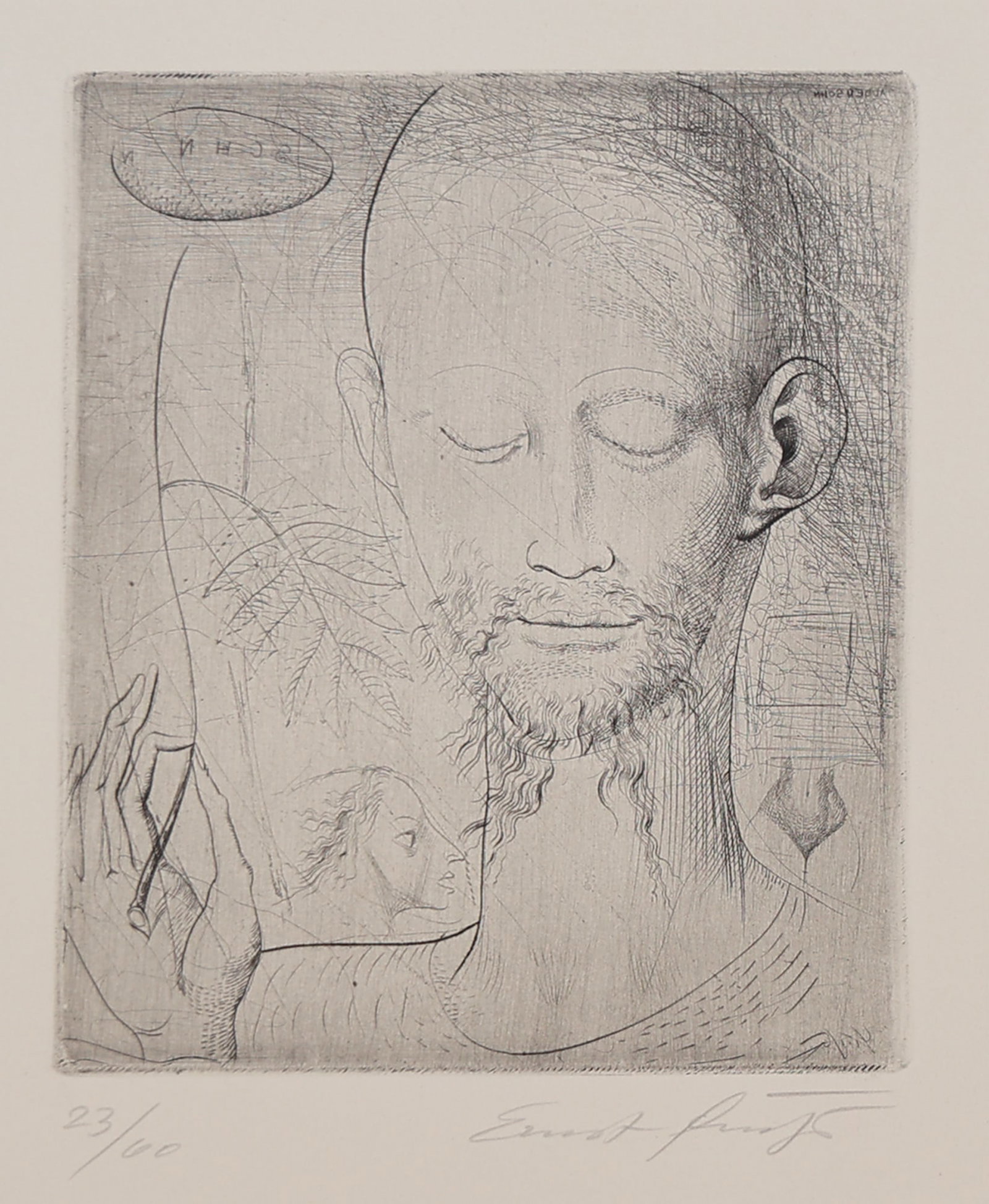 Ernst Fuchs* (Vienna 1930 - 2015 Vienna): Ernst Fuchs* (Vienna 1930 - 2015 Vienna) Pidgeon son etching/paper 17,6 x 14,6 cm signed Ernst Fuchs, numbered 23/60 SCHÄTZPREIS / ESTIMATE °€ 150 - 300 STARTPREIS