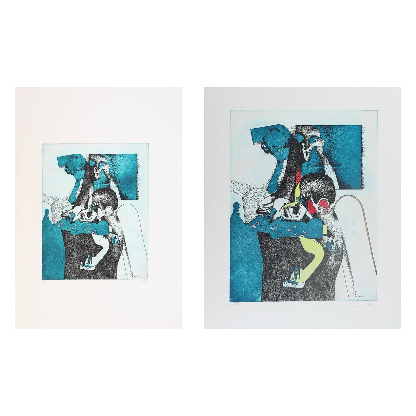 Manfred Gartska* (born 1937 in Germany): Manfred Gartska* (born 1937 in Germany) Bundle of 2 etchings 1| Beak creature I, 1973 etching/paper 29,7 x 23,3 cm signed Gartska, numered 45/50 dated in the plate 9.1.73 2| Beak cre