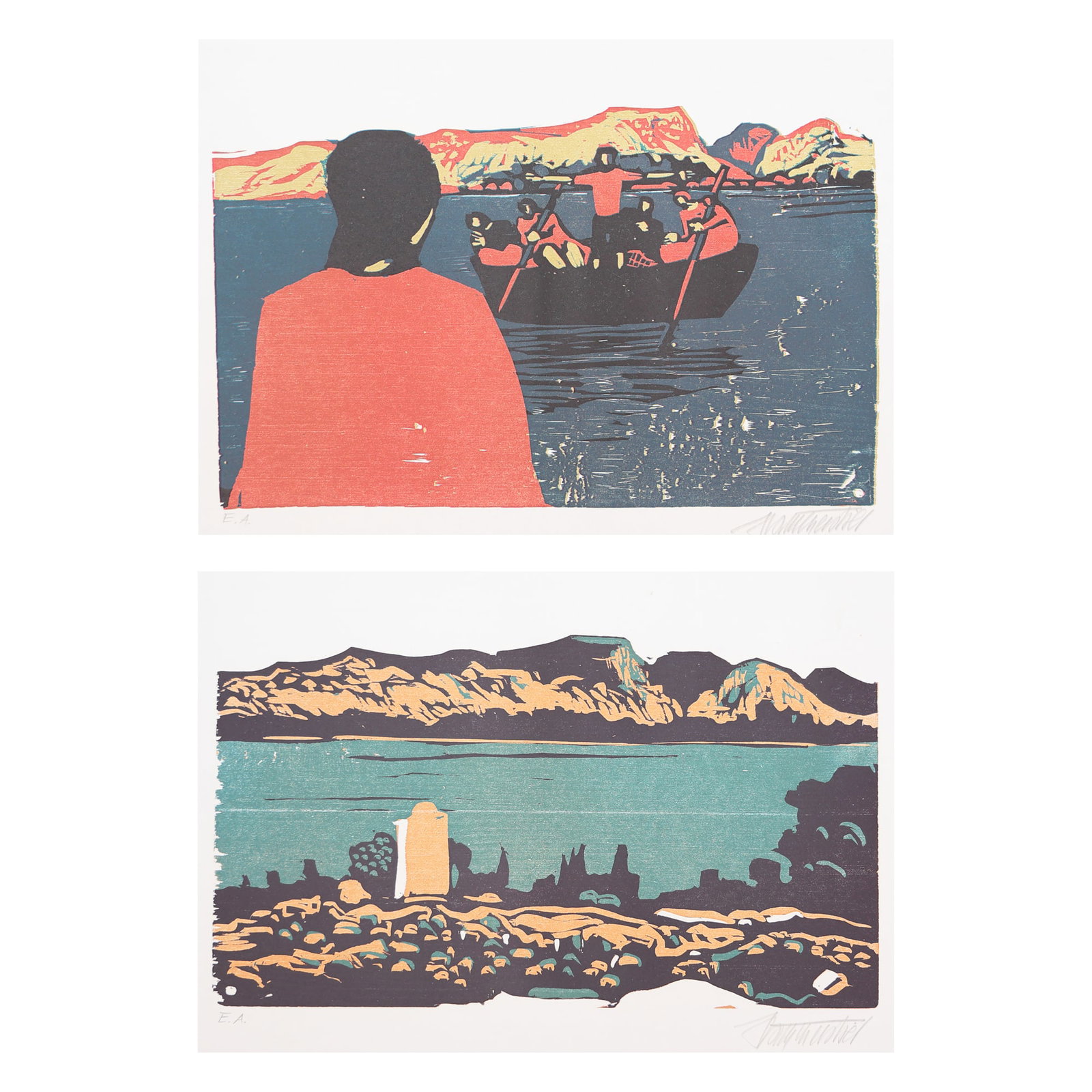Robert Hammerstiel* (Werschetz 1933 - 2020 Neunkirchen): Robert Hammerstiel* (Werschetz 1933 - 2020 Neunkirchen) Bundle of 2 woodcuts 1| Jesus at the Sea of ??Galilee, 1990 color woodcut/paper 38 x 51 cm signed Hammerstiel, dated 1990 inscribed Jes