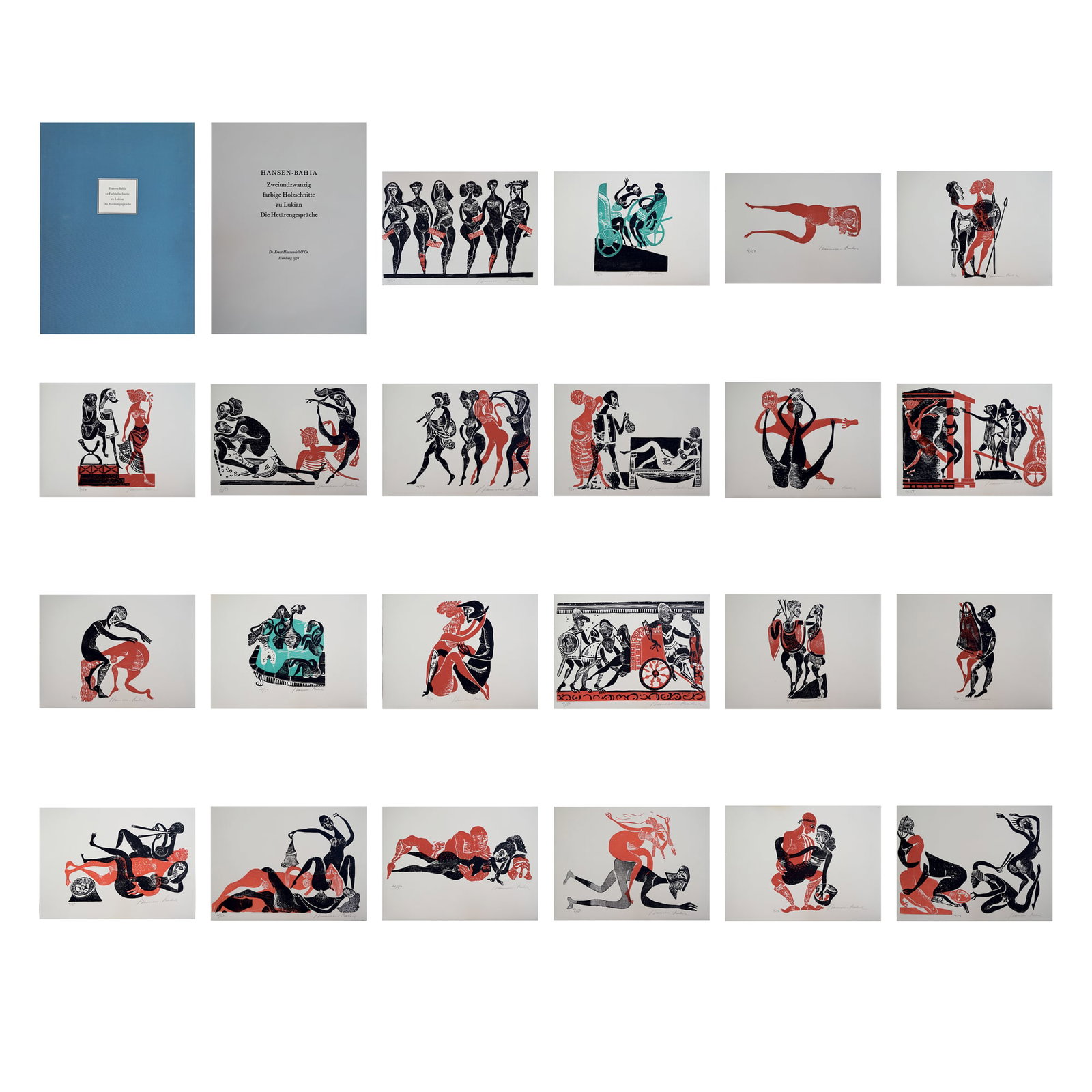 Karl Heinz Hansen-Bahia* (Hamburg 1915 - 1978 São Paulo): Karl Heinz Hansen-Bahia* (Hamburg 1915 - 1978 São Paulo) 22 color woodcuts for Lucian's Dialogues of the Courtesans, 1971 color woodcut/paper 52,8 x 39 cm signed Hansen-Bahia