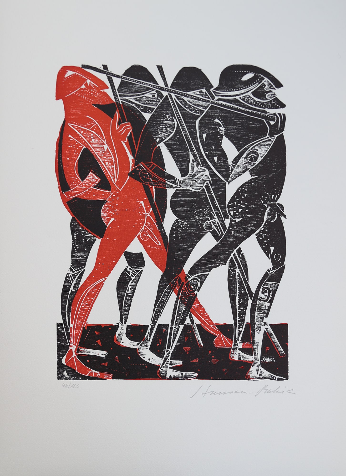 Karl Heinz Hansen-Bahia* (Hamburg 1915 - 1978 São Paulo): Karl Heinz Hansen-Bahia* (Hamburg 1915 - 1978 São Paulo) Soldiers woodcut/paper 34 x 25 cm signed Hansen-Bahian, numbered 48/100 SCHÄTZPREIS / ESTIMATE °€ 150 - 300 STARTPREIS /