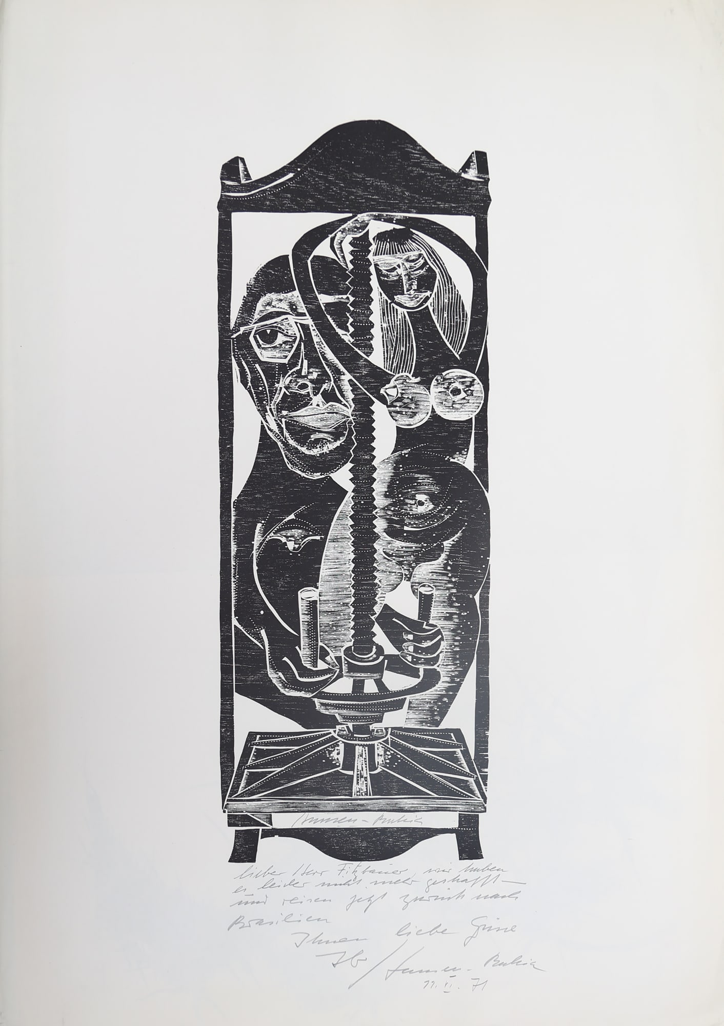 Karl Heinz Hansen-Bahia* (Hamburg 1915 - 1978 São Paulo): Karl Heinz Hansen-Bahia* (Hamburg 1915 - 1978 São Paulo) Puppet, 1971 woodcut/paper71 x 26 cm signed Hansen-Bahia, dated 11.VI.71 SCHÄTZPREIS / ESTIMATE °€ 100 - 200 STARTPREIS /