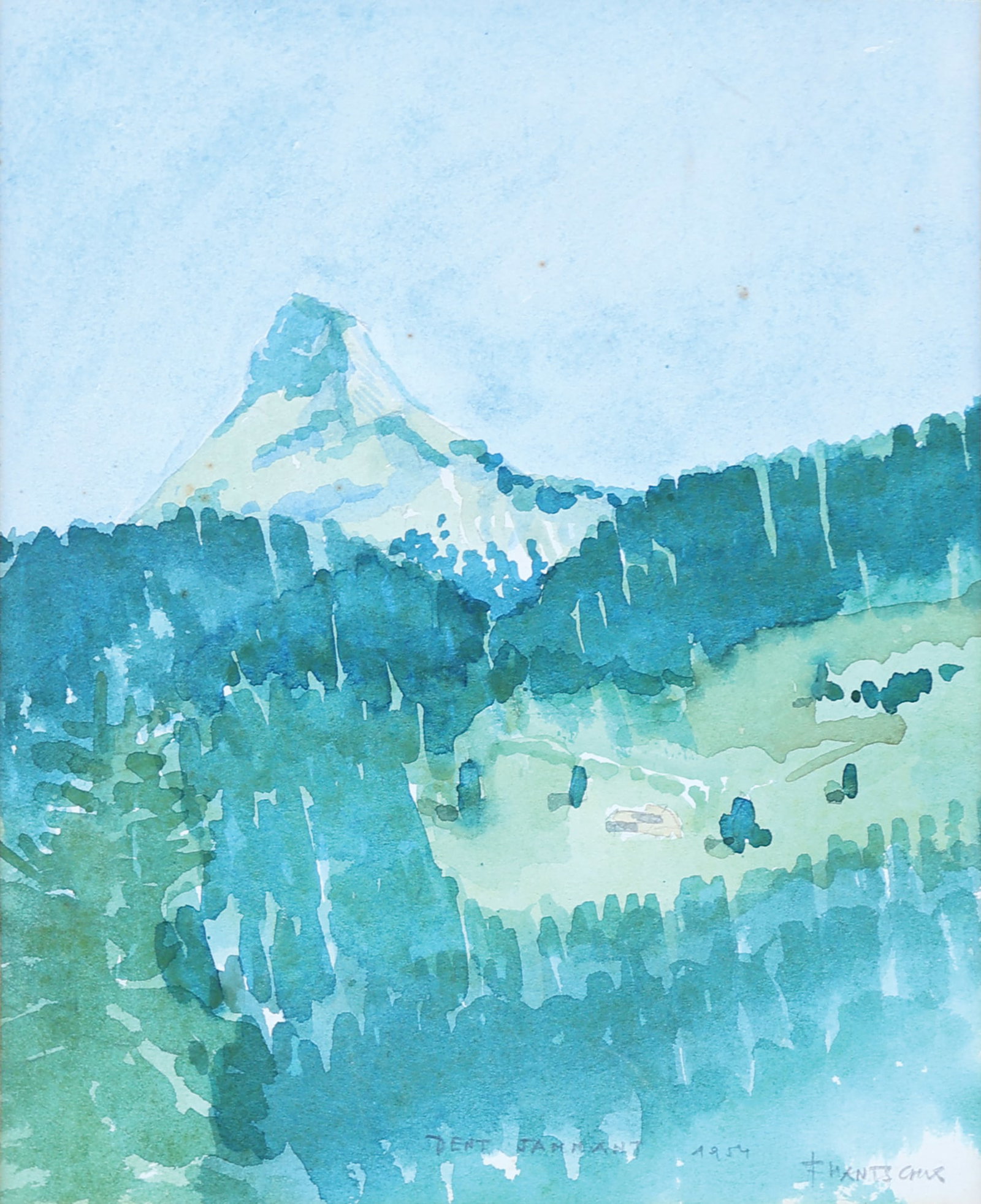 F. Hantschk (Biographical data unknown): F. Hantschk (Biographical data unknown) Dent de Jaman, 1954 watercolor/paper 21,5 x 16,5 cm signed F. Hantschk, dated 1954 SCHÄTZPREIS / ESTIMATE € 100 - 200 STARTPREIS / STARTING PRICE