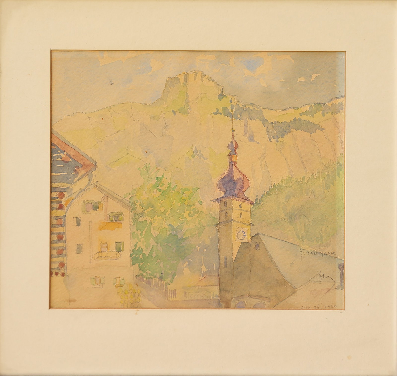 F. Hantschk (Biographical data unknown): F. Hantschk (Biographical data unknown) Church, 1960 watercolor/paper 22,5 x 20 cm signed F. Hantschk, dated Aug. 28. 1960 SCHÄTZPREIS / ESTIMATE € 100 - 200 STARTPREIS / STARTING PRICE
