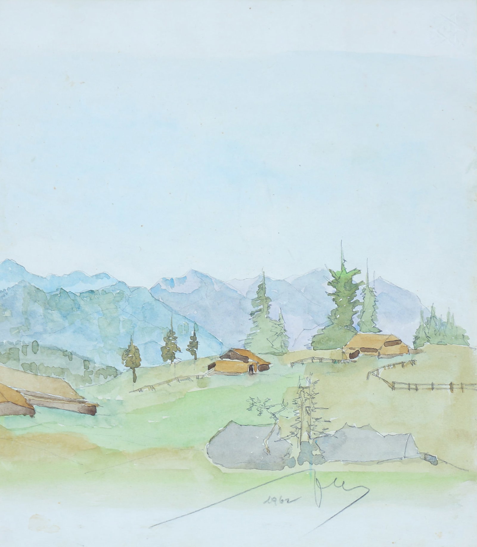 F. Hantschk (Biographical data unknown): F. Hantschk (Biographical data unknown) From the back of the alpine pasture, 1962 watercolor/paper 27 x 21,5 cm dated 1962 verso inscribed von den Hinten Alm SCHÄTZPREIS / ESTIMATE € 20 -