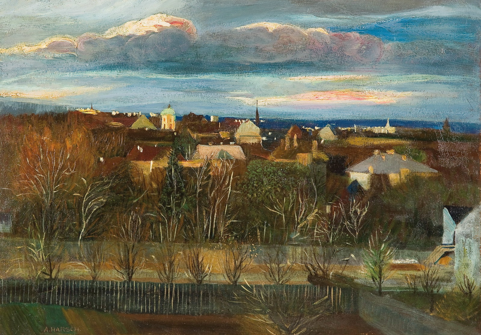 Andreas Harsch* (Reichenau 1884 - 1972 Vienna): Andreas Harsch* (Reichenau 1884 - 1972 Vienna) Early spring in Döbling oil/cardboard 44,7 x 63,5 cm signed A Harsch verso titled and signed Vorfrühling in Döbling, A. Harsch, as well
