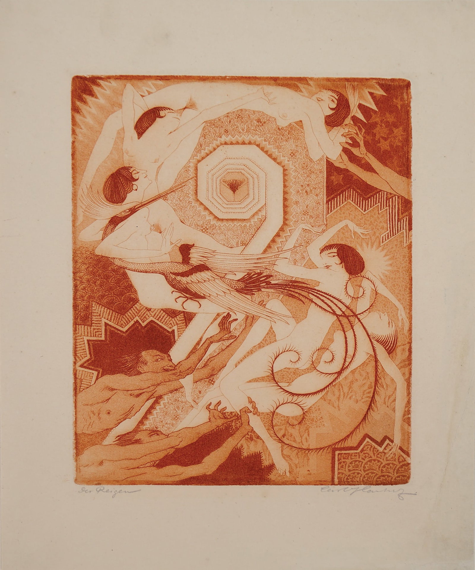 Carl Christoph Hartig* (Davos 1888 - 1975 Düsseldorf): Carl Christoph Hartig* (Davos 1888 - 1975 Düsseldorf) The Roundelay etching/paper 21,5 x 17 cm signed Carl Hartig, inscribed Der Reigen SCHÄTZPREIS / ESTIMATE € 100 - 200 STARTPREIS /