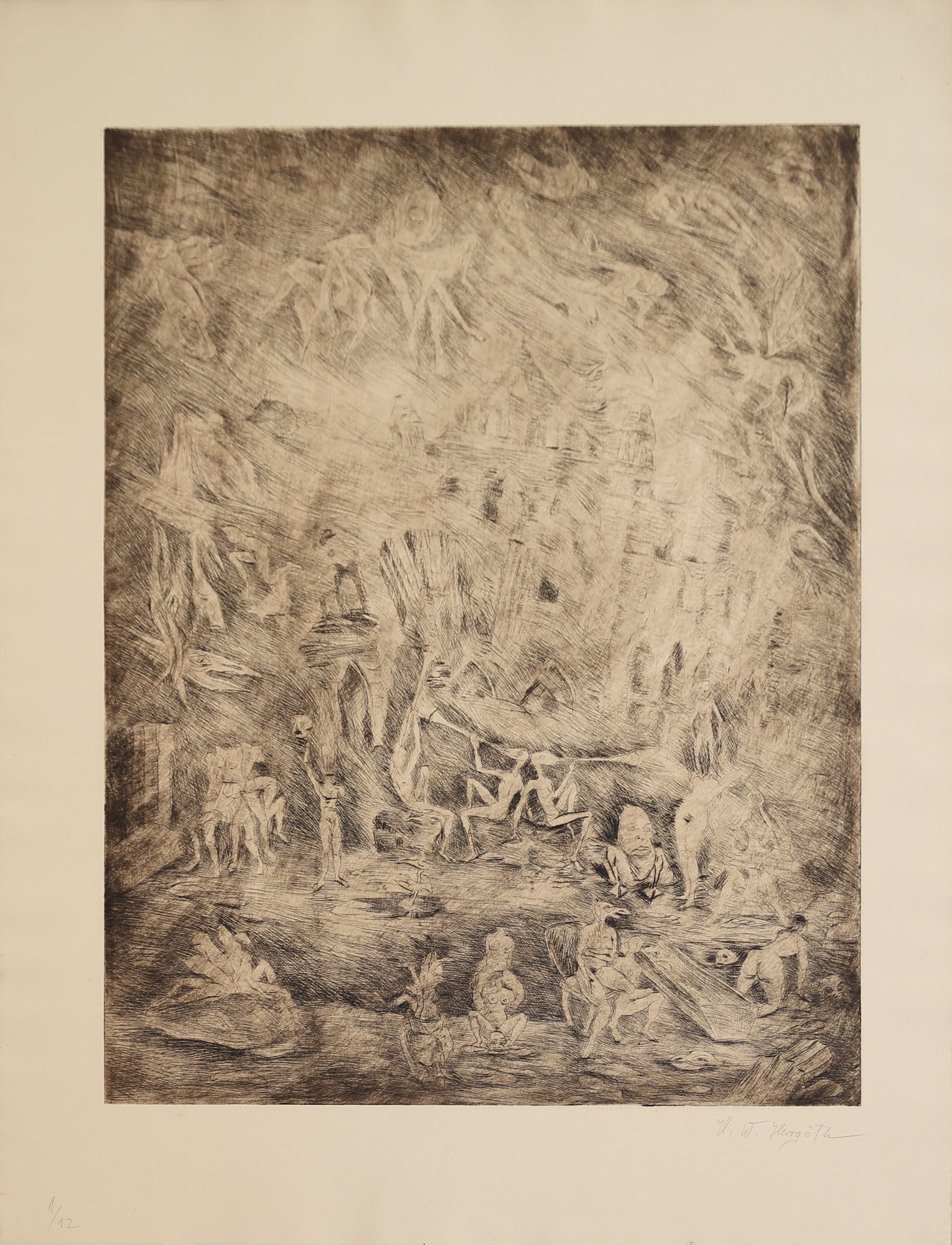 Herbert W. Herrgöth* (Vienna 1933 - 1984 Vienna): Herbert W. Herrgöth* (Vienna 1933 - 1984 Vienna) Demonic orgy etching/paper 51 x 39,5 cm signed H. W. Herrgöth, numbered 1/12 SCHÄTZPREIS / ESTIMATE °€ 80 - 150 STARTPREIS /