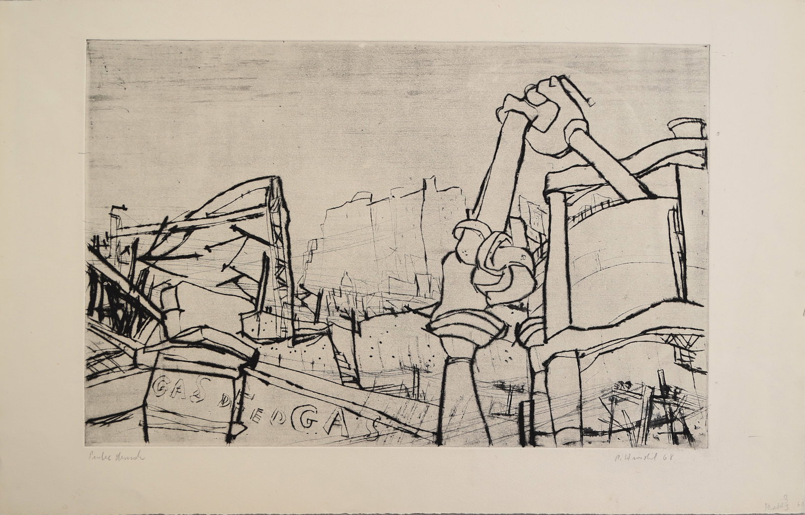 Rudolf Hradil* (Salzburg 1925 - 2007 Vienna): Rudolf Hradil* (Salzburg 1925 - 2007 Vienna) Factory, 1986 etching/paper 34 x 50 cm signed R. Hradil, dated 68 inscribed Probedruck SCHÄTZPREIS / ESTIMATE °&#