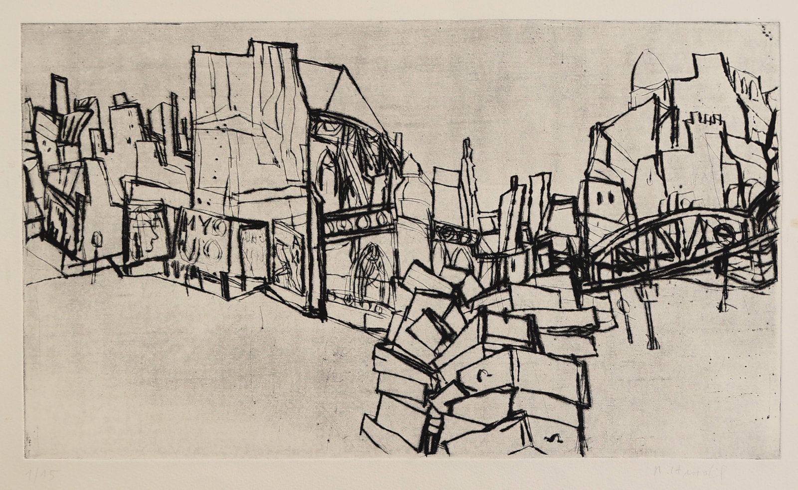 Rudolf Hradil* (Salzburg 1925 - 2007 Vienna): Rudolf Hradil* (Salzburg 1925 - 2007 Vienna) City view etching/paper 25 x 34,5 cm signed R. Hradil, numbered 1/15 SCHÄTZPREIS / ESTIMATE °€ 60 - 100 STA
