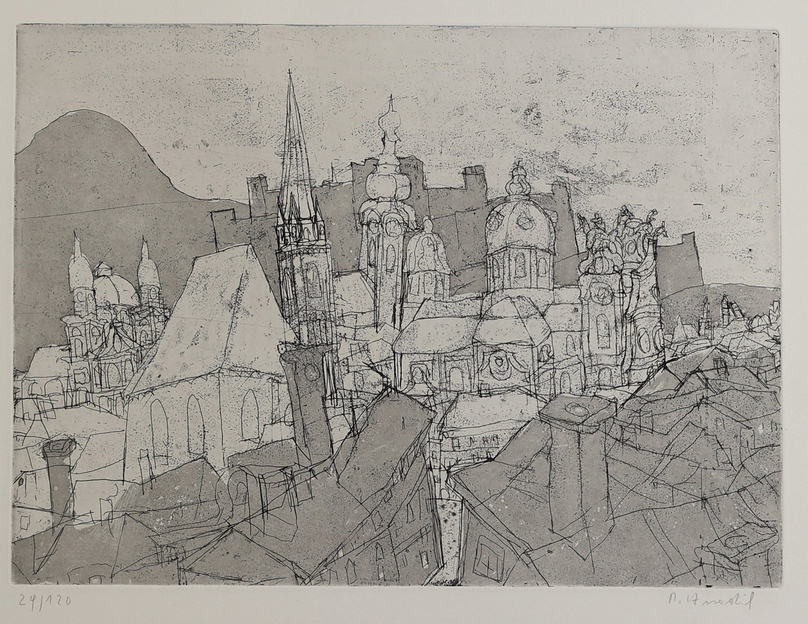 Rudolf Hradil* (Salzburg 1925 - 2007 Vienna): Rudolf Hradil* (Salzburg 1925 - 2007 Vienna) Salzburg etching/paper 27,7 x 37,5 cm signed R. Hradil, numbered 29/120 SCHÄTZPREIS / ESTIMATE °€ 60 - 100