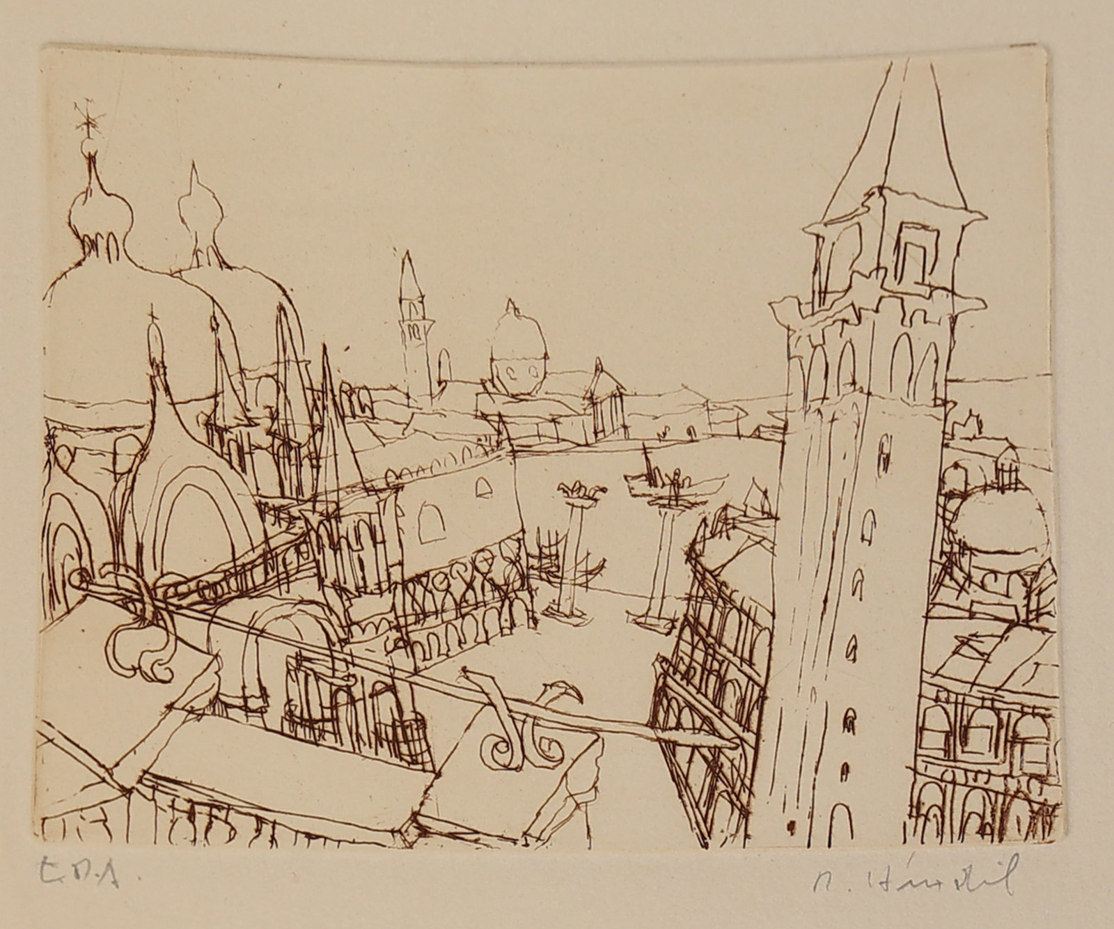 Rudolf Hradil* (Salzburg 1925 - 2007 Vienna): Rudolf Hradil* (Salzburg 1925 - 2007 Vienna) Venice etching/paper 13,7 x 17,3 cm signed R. Hradil, inscribed E.D.A. SCHÄTZPREIS / ESTIMATE °€ 60 - 100 S