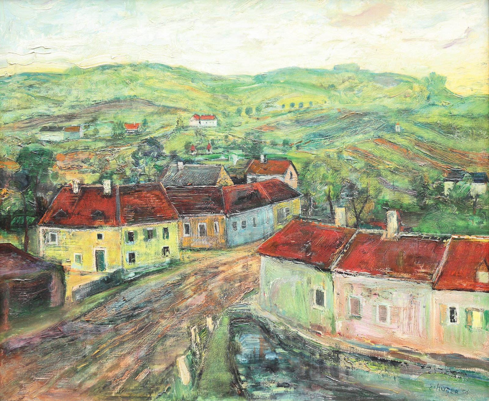 Ernst Huber* (Vienna 1895 - 1960 Vienna): Ernst Huber* (Vienna 1895 - 1960 Vienna) Village road, 1959 oil/canvas, 60,5 x 74 cm signed E. Huber, dated 59 SCHÄTZPREIS / ESTIMATE € 2000 - 3000 STARTPREI