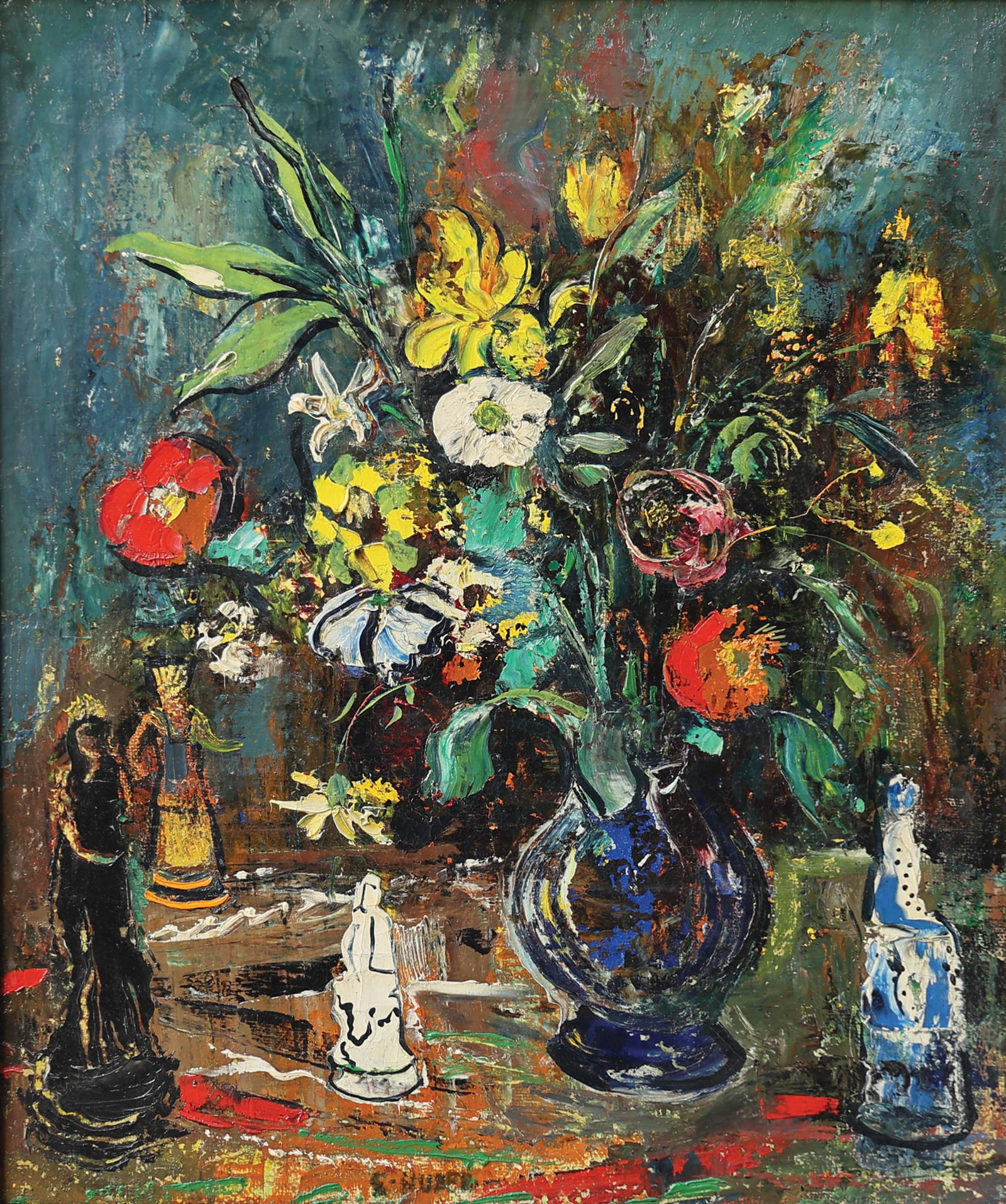 Ernst Huber* (Vienna 1895 - 1960 Vienna): Ernst Huber* (Vienna 1895 - 1960 Vienna) Flower still life with figures oil/canvas 60 x 50 cm signed E. Huber SCHÄTZPREIS / ESTIMATE € 1800 - 2400 STARTPREIS