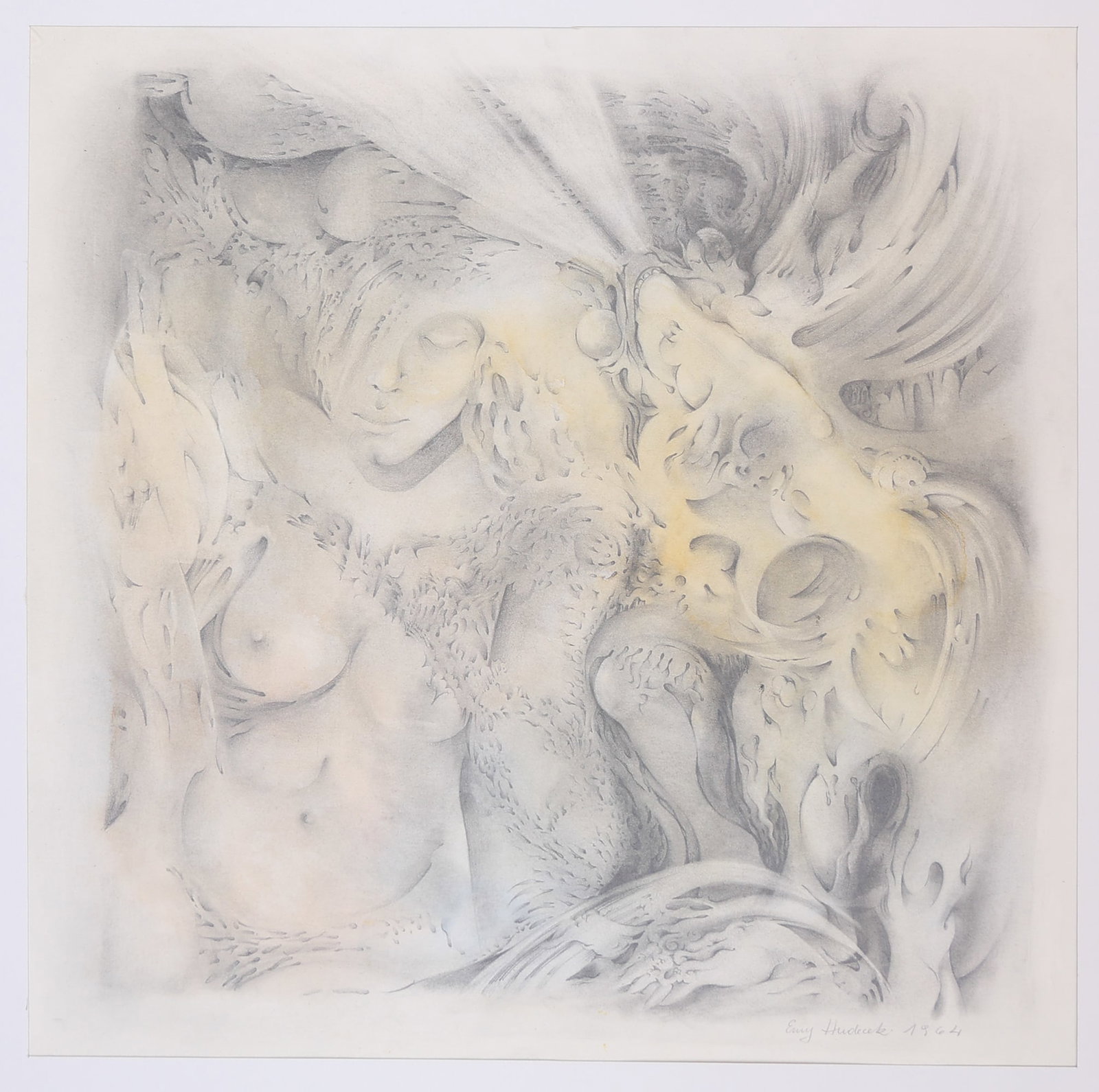 Emy Hudecek* (born 1937 in Vienna): Emy Hudecek* (born 1937 in Vienna) Dreamy, 1964 pencil and color pencil/paper 41 x 41 cm signed Emy Hudecek, dated 1964 SCHÄTZPREIS / ESTIMATE °€ 300 - 600<