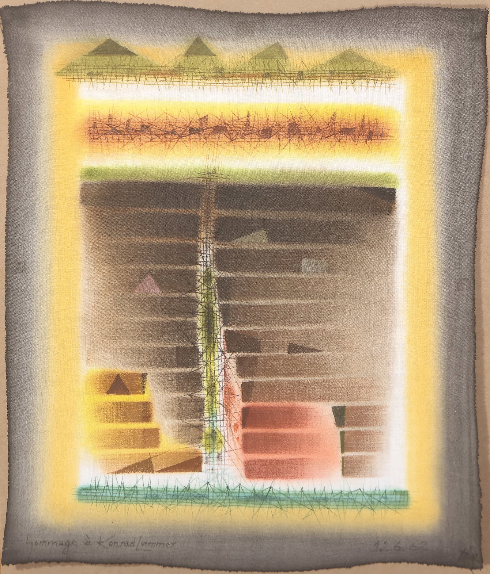 Hans Jaenisch* (Eilenstedt 1907 - 1989 Nebel): Hans Jaenisch* (Eilenstedt 1907 - 1989 Nebel) L´Hommage á Konrad Lemmer mixed media/fabric 36,5 x 28,4 cm monogrammed Jae, dated 12 6 62 inscribed L´Hommage á Konrad Lemmer