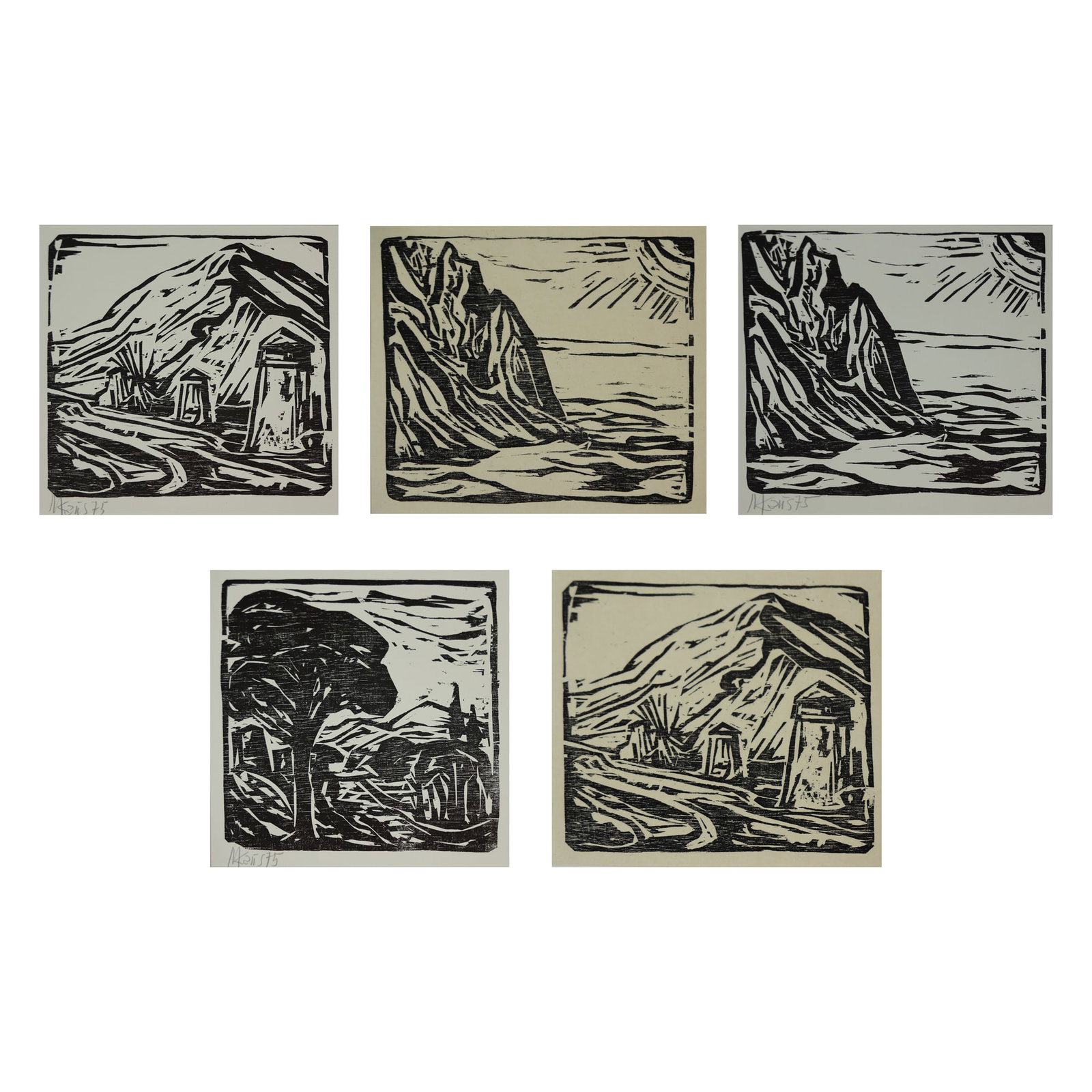 Max Kaus* (Berlin 1891 - 1977 Berlin): Max Kaus* (Berlin 1891 - 1977 Berlin) Bundle of 5 landscapes 1| Landscape I, 1975 woodcut/paper 17 x 18,5 cm signed M Kaus, dated 75 2| Landscape II, 1975 woodcut/paper 17,5 x 19 cm<
