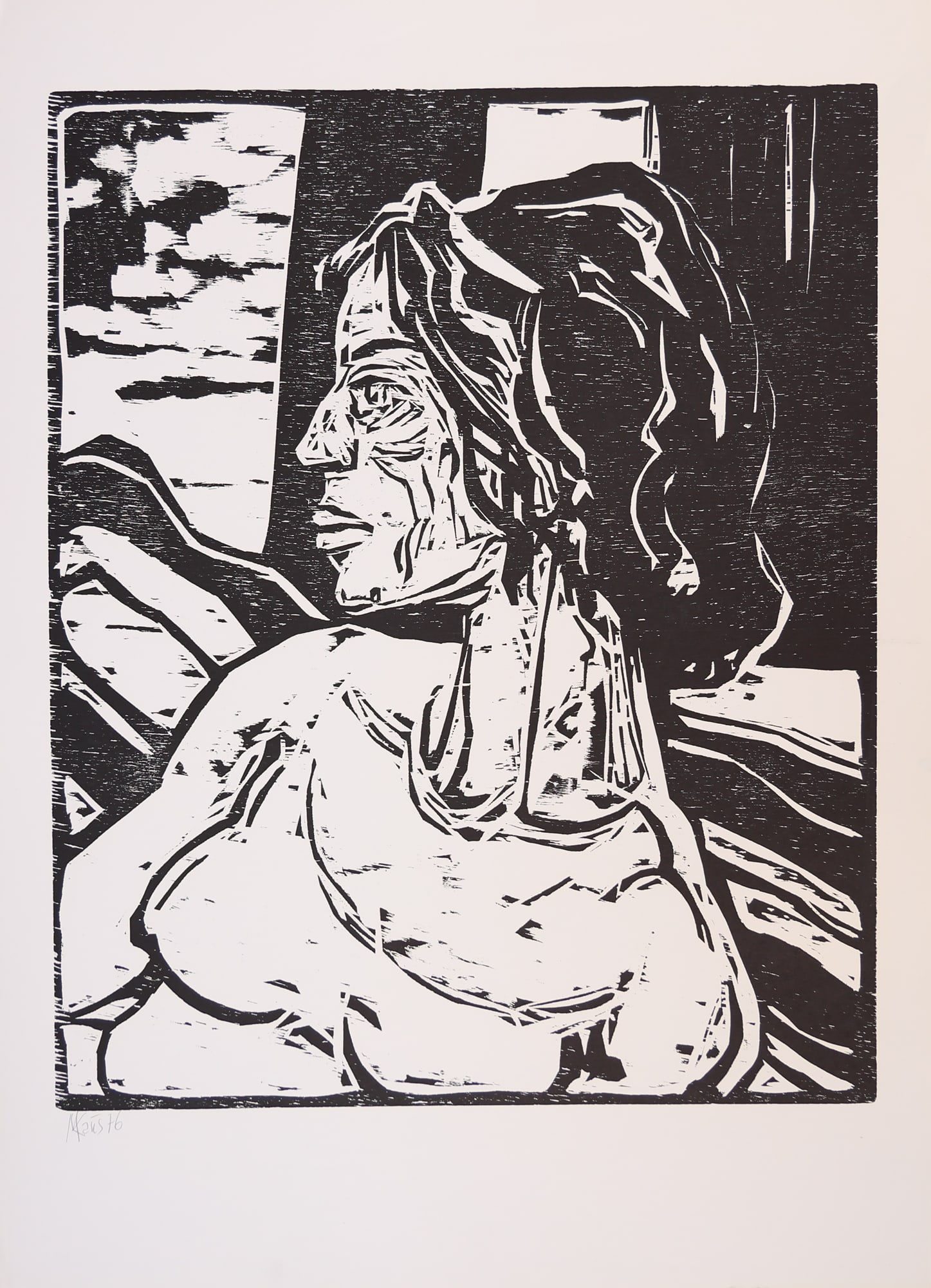Max Kaus* (Berlin 1891 - 1977 Berlin): Max Kaus* (Berlin 1891 - 1977 Berlin) Picture of a woman, 1976 woodcut/paper 59,5 x 50 cm signed Kaus, dated 76 SCHÄTZPREIS / ESTIMATE °€ 60 - 100 START