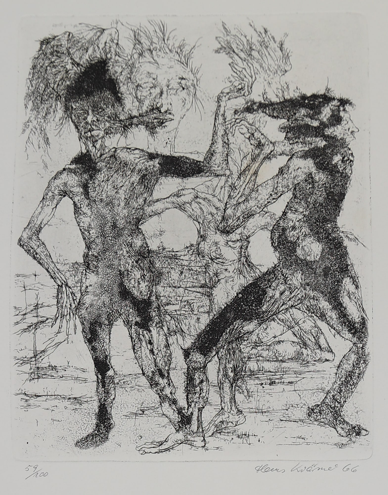Hans Krämer* (born 1935 in Königsberg): Hans Krämer* (born 1935 in Königsberg) Fight, 1966 etching/paper 23 x 18,5 cm signed Hans Krämer, dated 66 numbered 59/100 Accompaniment: Unknown artist Landscape l