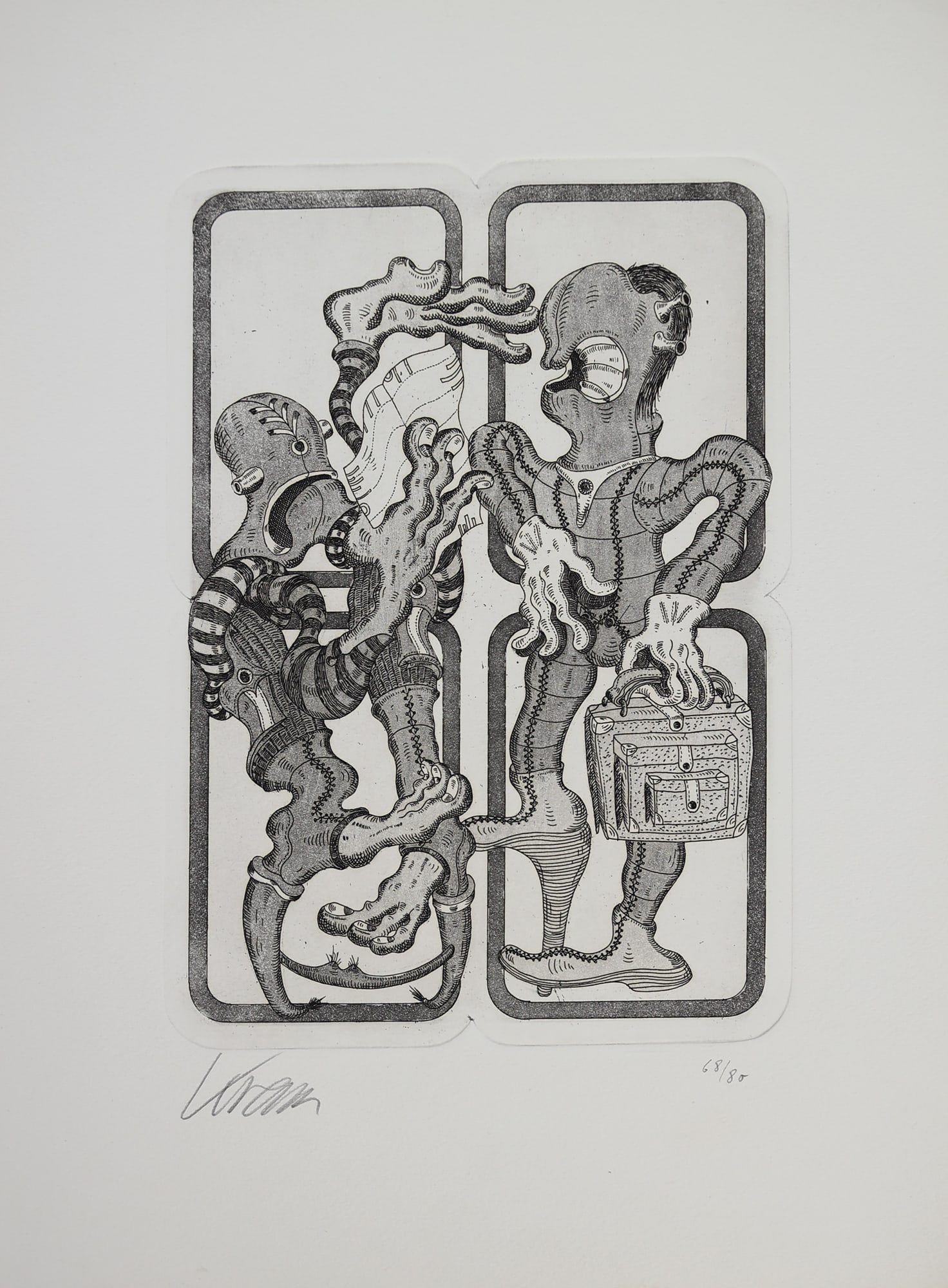 Hans Krenn* (Innsbruck 1932 - 2007 Vienna): Hans Krenn* (Innsbruck 1932 - 2007 Vienna) Aliens etching/paper 26 x 18,4 cm signed Krenn, numbered 68/80 SCHÄTZPREIS / ESTIMATE °€ 20 - 40 STARTPREIS /