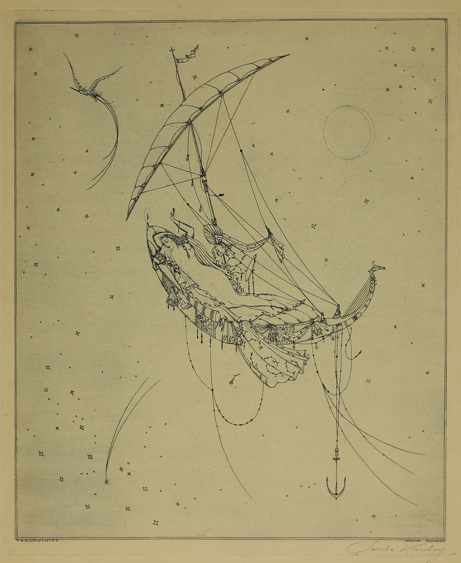 Sascha Kronburg* (Vienna 1893 - 1985 New York): Sascha Kronburg* (Vienna 1893 - 1985 New York) Dream ship etching/paper 24,5 x 21,3 cm signed Sascha Kronburg signed and inscribed in the plate Sascha Kronburg Traumschiff
