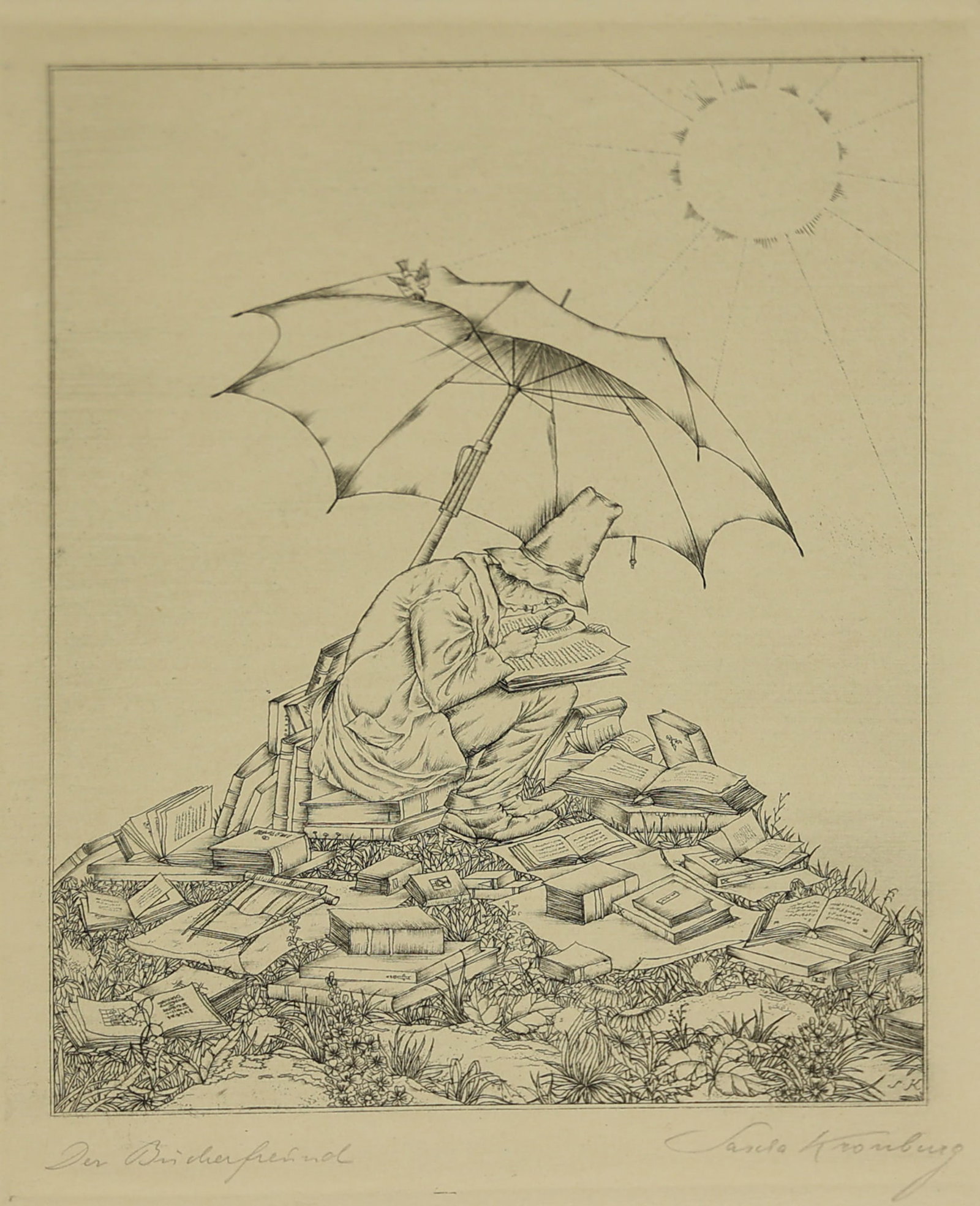 Sascha Kronburg* (Vienna 1893 - 1985 New York): Sascha Kronburg* (Vienna 1893 - 1985 New York) The book friend etching/paper 16 x 12,4 cm signed Sascha Kronburg, inscribed Der Büchenfreund SCHÄTZPREIS / ESTIMAT