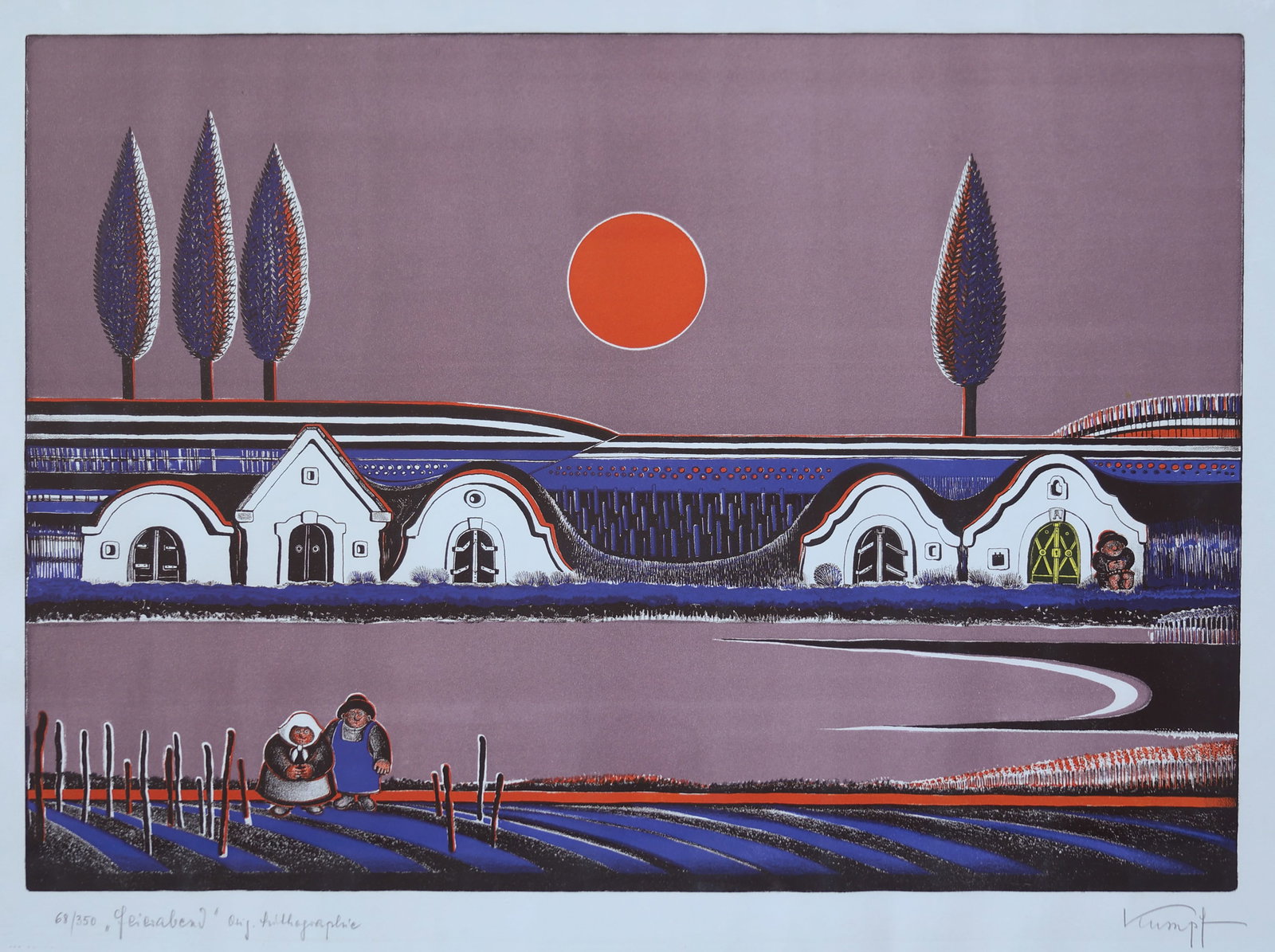 Gottfried Kumpf* (Annaberg im Lammertal 1930 - 2022 Vienna): Gottfried Kumpf* (Annaberg im Lammertal 1930 - 2022 Vienna) The End of the workday lithography/paper 40 x 57 cm signed Kumpf, inscribed "Feierabend" Orig. Lithographie numbered 68/350