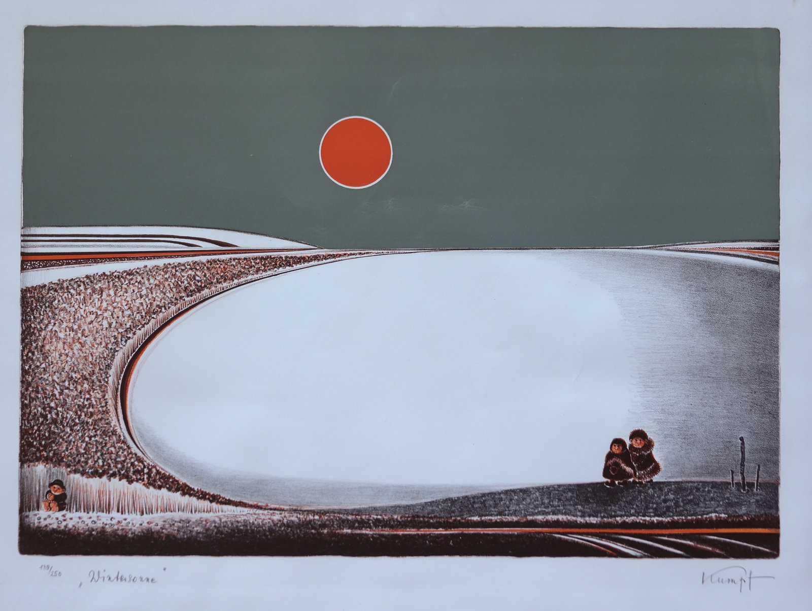 Gottfried Kumpf* (Annaberg im Lammertal 1930 - 2022 Vienna): Gottfried Kumpf* (Annaberg im Lammertal 1930 - 2022 Vienna) Winter Sun lithography/paper 40,5 x 57 cm signed Kumpf, inscribed "Wintersonne" numbered 139/250 SCHÄTZPREI