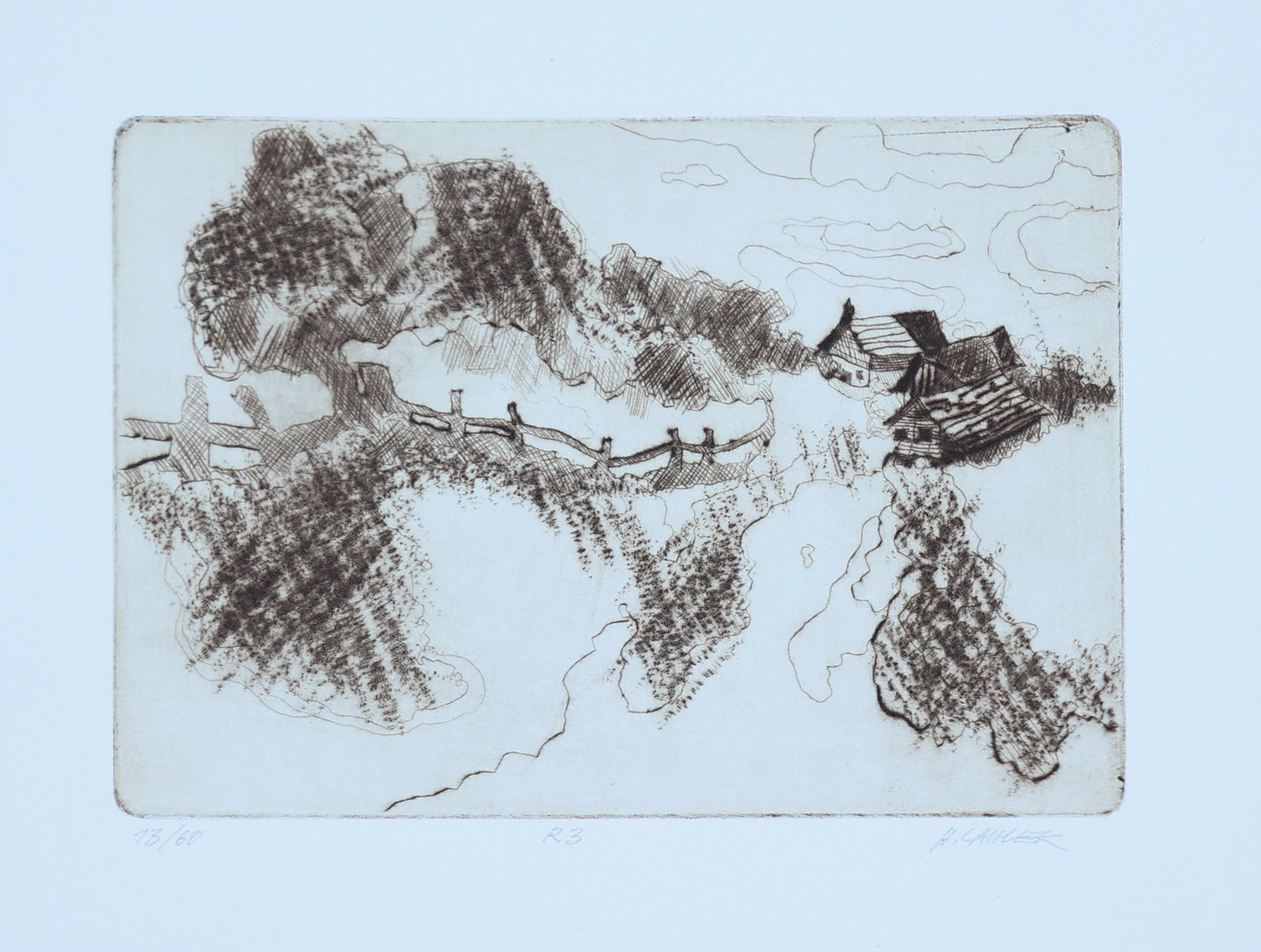 Helmut Laimer* (born 1940 in Salzburg): Helmut Laimer* (born 1940 in Salzburg) Mountain farm etching/paper 12 x 18 cm signed H. Laimer, numbered 13/60 SCHÄTZPREIS / ESTIMATE € 10 - 20 STARTPREIS /