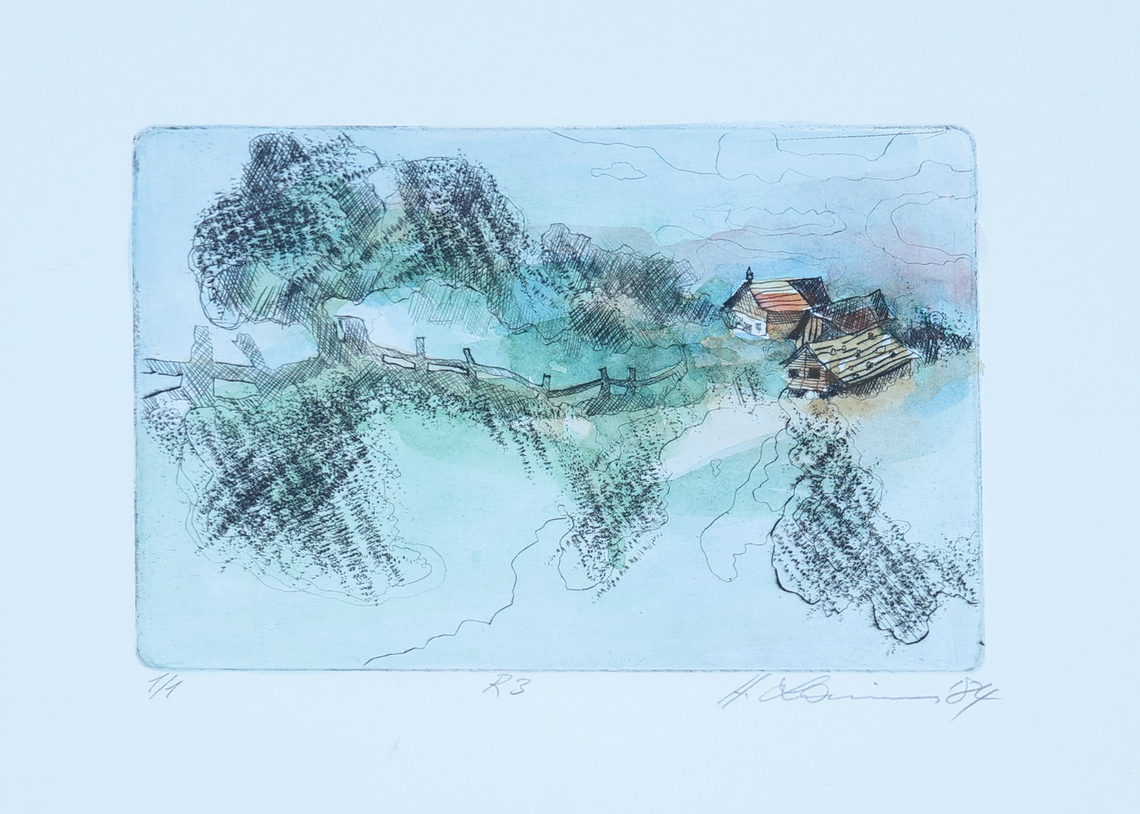 Helmut Laimer* (born 1940 in Salzburg): Helmut Laimer* (born 1940 in Salzburg) Mountain farm at Goldegg, 1984 etching/paper 12 x 17 cm signed H. Laimer, dated 84 inscribed R3, numbered 1/1 SCHÄTZPREIS /