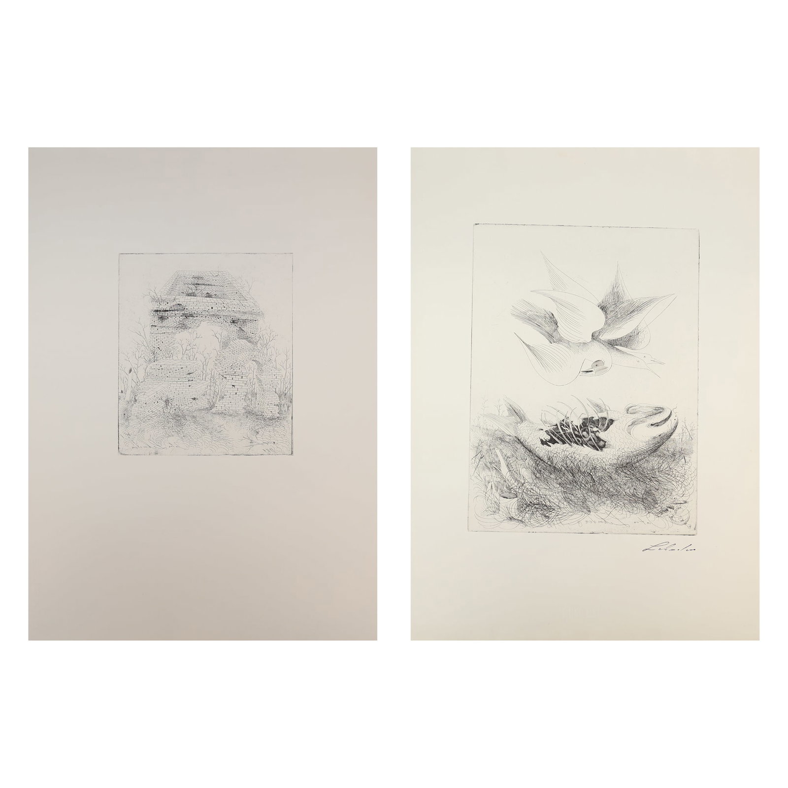 Anton Lehmden* (Nitra 1929 - 2018 Vienna): Anton Lehmden* (Nitra 1929 - 2018 Vienna) Bundle of 2 etchings 1| Bird with dead fish, 1972 ethcing/paper 40 x 29,3 cm signature stamp Lehmden signed and dated in the plate Anton Lehmden 1972