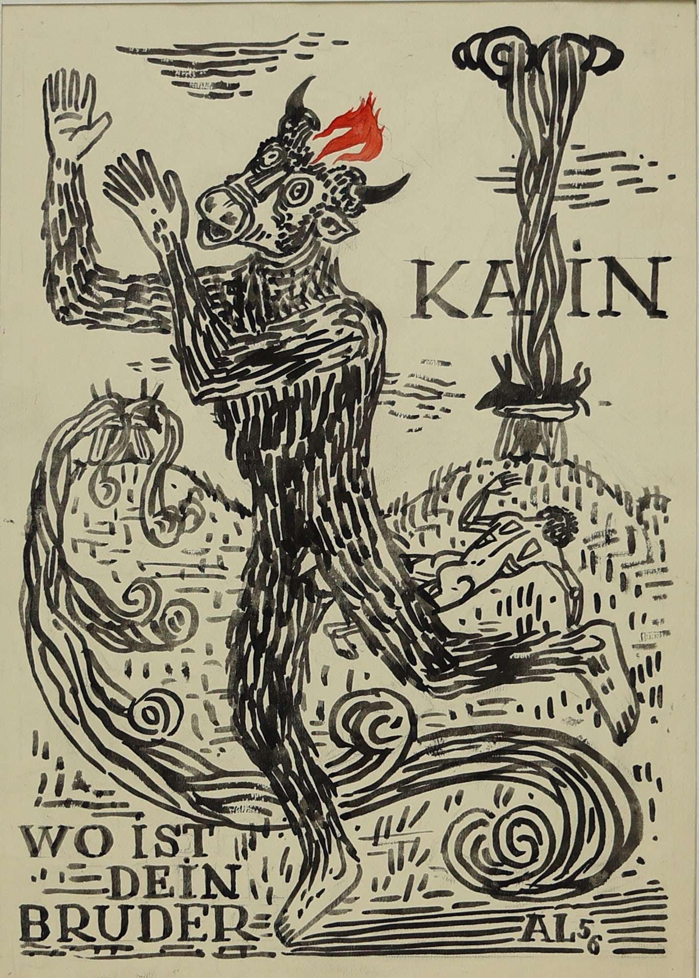 Axl Leskoschek* (Graz 1889 - 1976 Vienna): Axl Leskoschek* (Graz 1889 - 1976 Vienna) Cain, where is your brother? 1956 indian ink/paper 43 x 30,8 cm monogrammed AL, dated 56 inscribed Kain wo ist dein Bruder, estate stamp