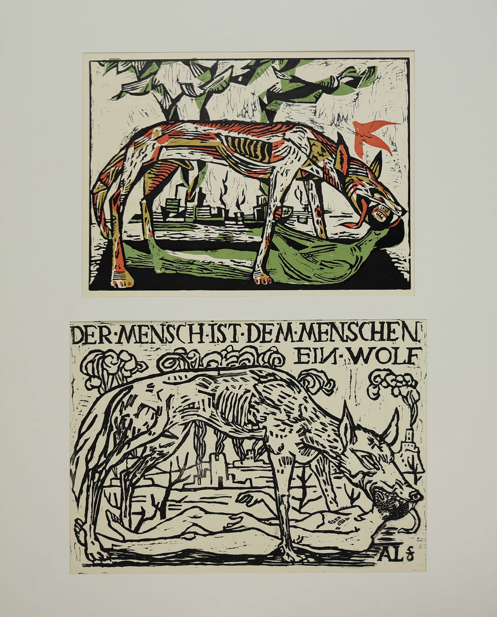 Axl Leskoschek* (Graz 1889 - 1976 Vienna): Axl Leskoschek* (Graz 1889 - 1976 Vienna) Man is a wolf to man, 1956 1| Initial study for the motive, 1956 linocut/paper 31,3 x 36,5 cm monogrammed and dated in the plate AL 56 2| Fianl