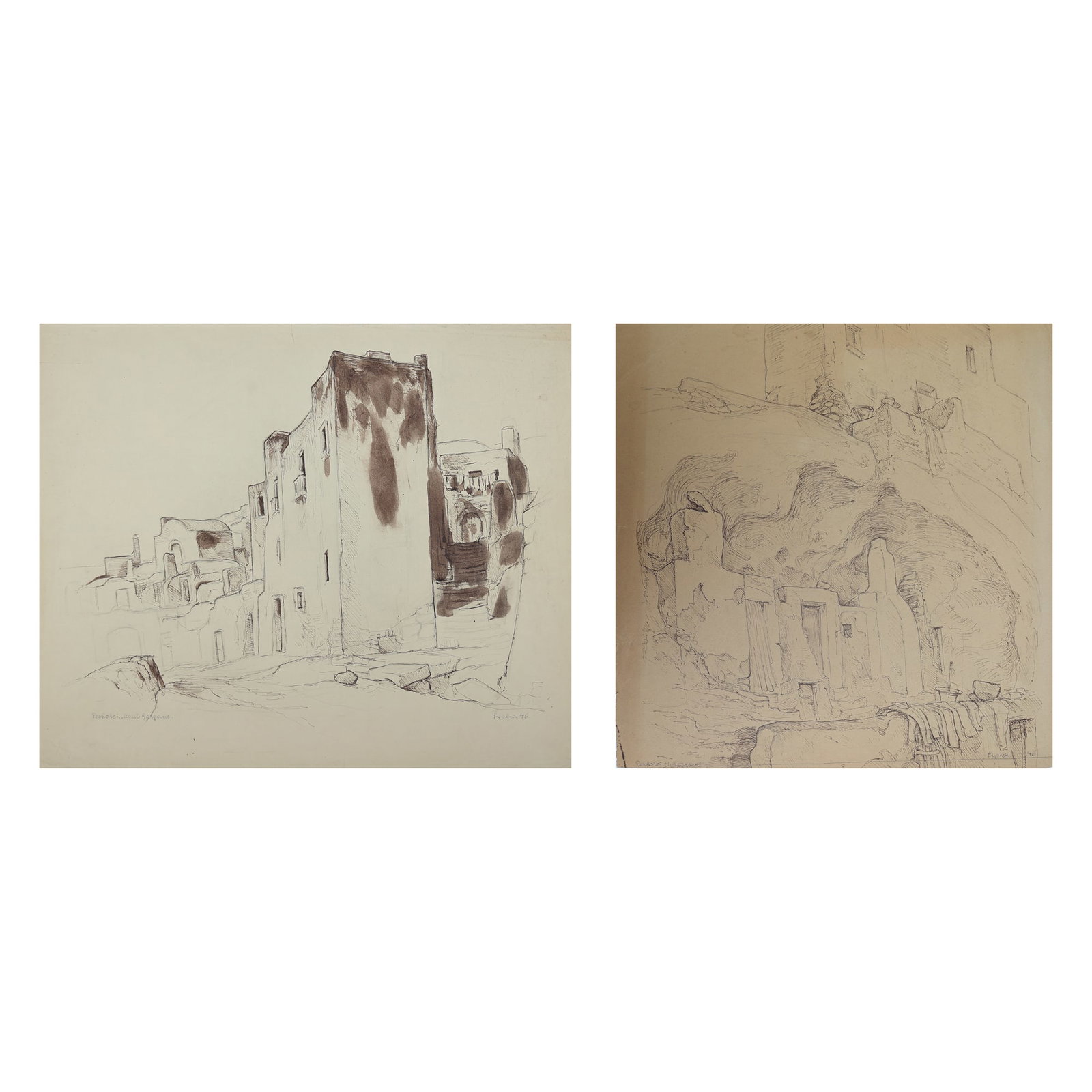 Charles Lipka* (Innsbruck 1901 - 1976 Vienna): Charles Lipka* (Innsbruck 1901 - 1976 Vienna) Bundle of 2 drawings 1| Monte Gragano I, 1946 indian ink/paper 48,7 x 46,7 cm signed Lipka, dated 46 inscribed Peschcici, M. Gargano 2|