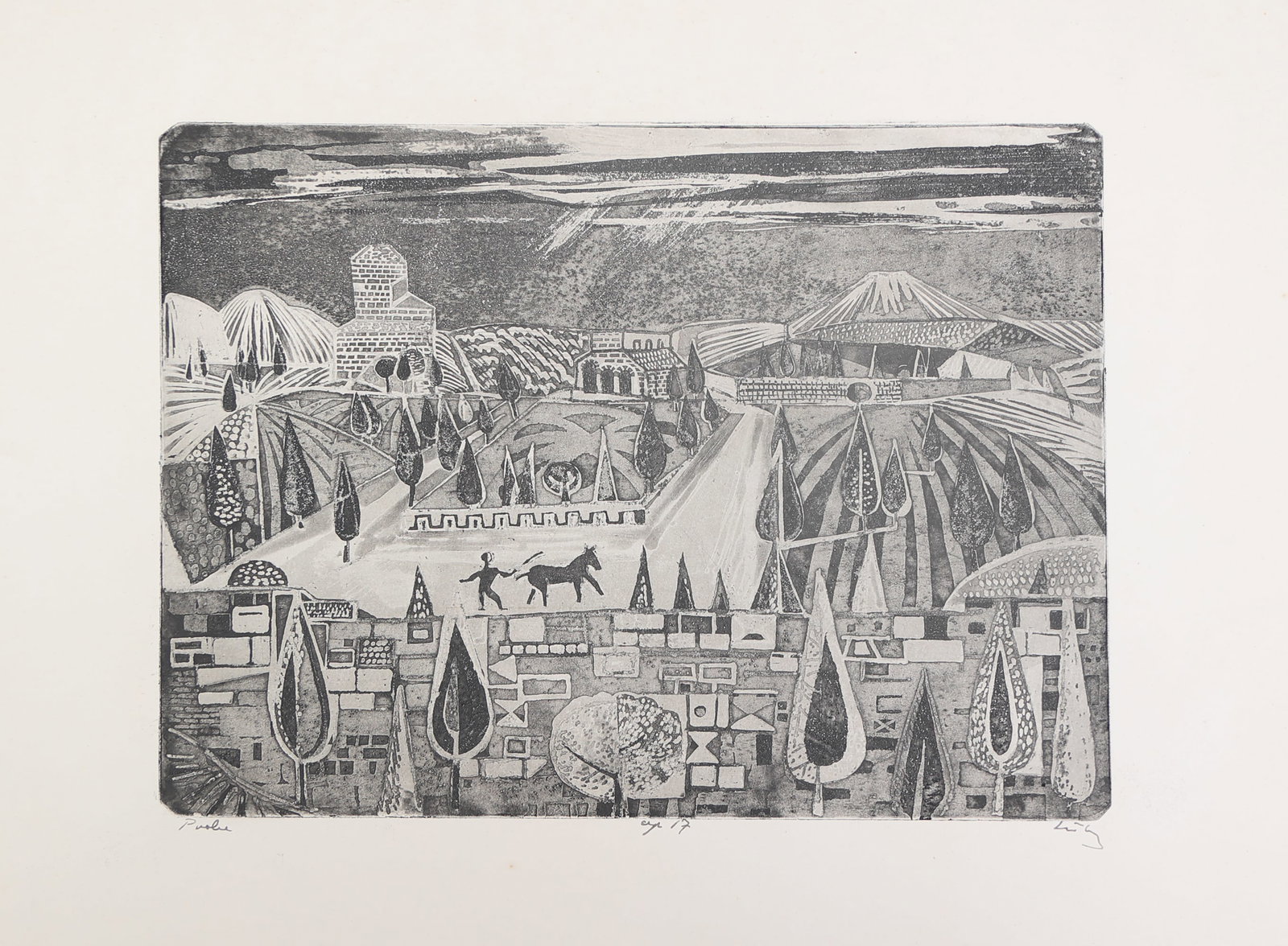 Franz Luby* (St. Pölten 1902 - 1989 Vienna): Franz Luby* (St. Pölten 1902 - 1989 Vienna) Garden view etching/paper 24,2 x 31 cm signed Luby, inscribed op. 17 Probe SCHÄTZPREIS / ESTIMATE °€ 80 - 1