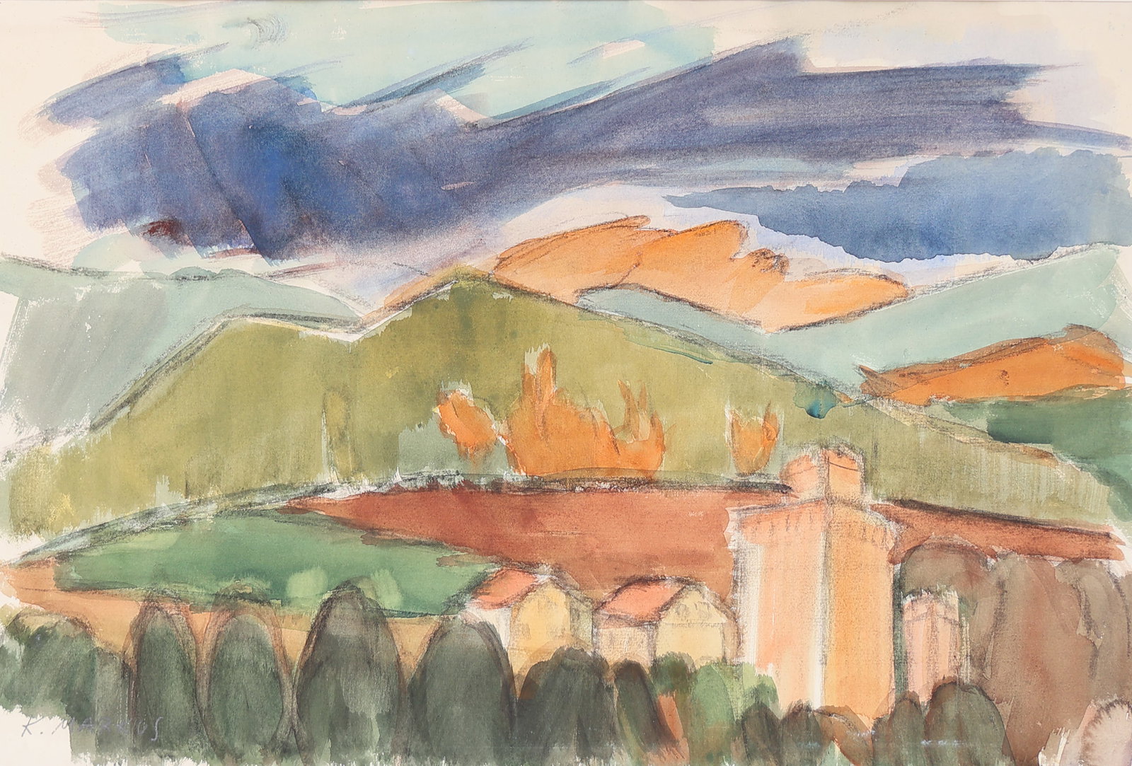 Karl Markus* (Olmuetz-Rolsberg 1899 - 1974 Vienna): Karl Markus* (Olmuetz-Rolsberg 1899 - 1974 Vienna) Landscpae with grain silo watercolor/paper 32,5 x 48 cm signed K. Markus SCHÄTZPREIS / ESTIMATE °€ 100 -