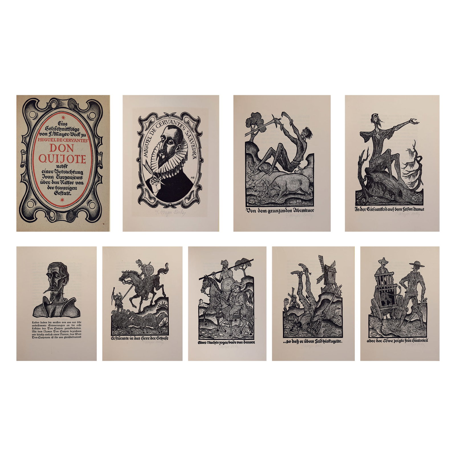 Friedrich Mayer-Beck* (Vienna 1907-1977 Leoben): Friedrich Mayer-Beck* (Vienna 1907-1977 Leoben) Don Quixote bundle of 9 woodcut to Miguelde Cervantes' Don Quixote woodcut/paper c. 20 x 15 cm signed F Mayer-Beck SCHÄTZPREIS / ESTIMATE