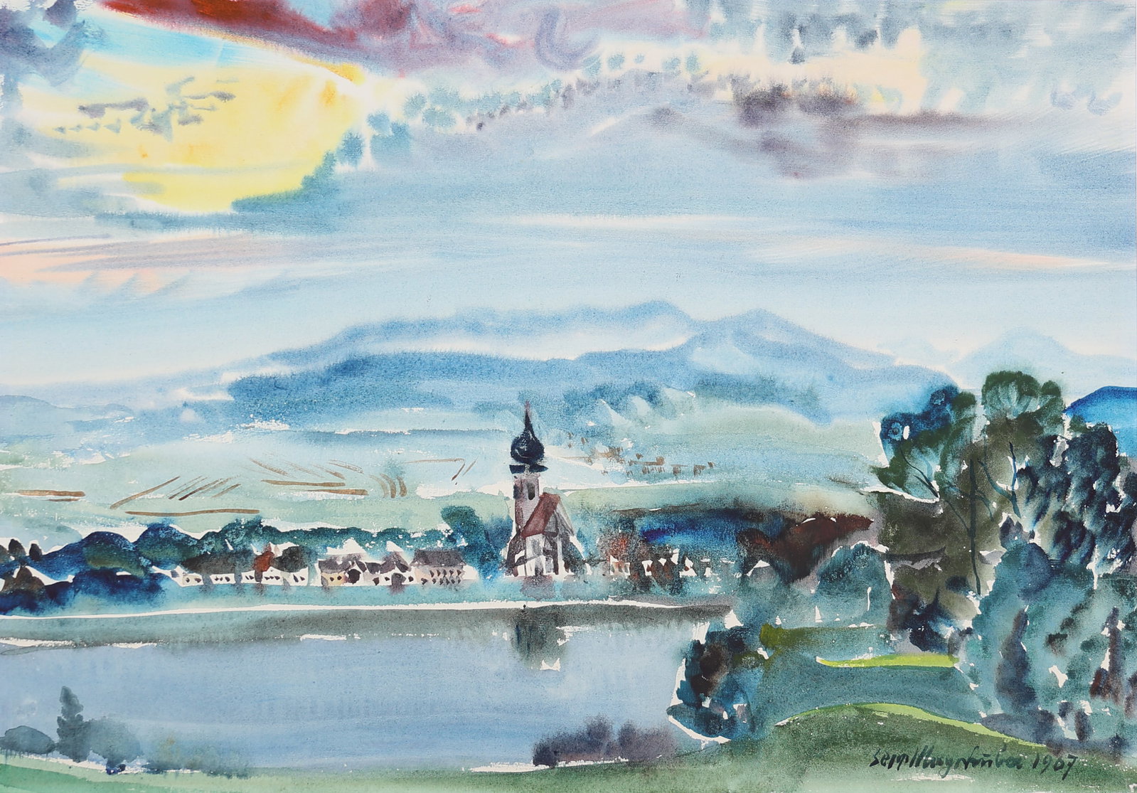 Sepp Mayrhuber* (Gaspoltshofen 1904 - 1989 Laakirchen): Sepp Mayrhuber* (Gaspoltshofen 1904 - 1989 Laakirchen) Village by the water, 1967 watercolor/paper 38 x 54 cm signed Sepp Mayrhuber, dated 1967 SCHÄTZPREIS / ESTIMATE °€ 100 - 200