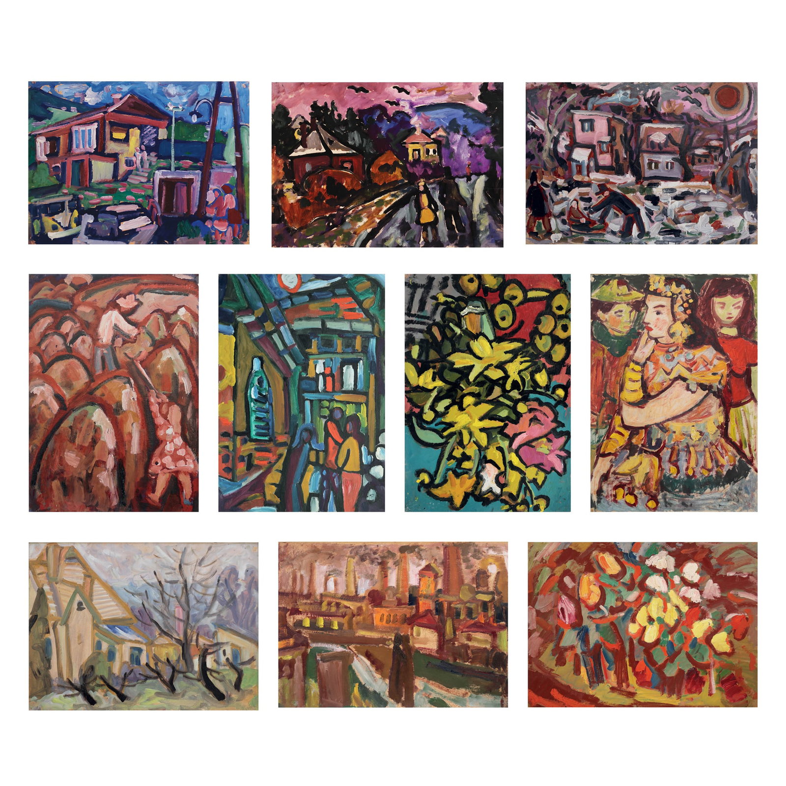 Miklos Nemeth* (Budapest 1934 - 2012 Budapest): Miklos Nemeth* (Budapest 1934 - 2012 Budapest) Bundle of 10 oil paintings oil/cardboard c. from 65 x 80 cm to 70 x 100 cm verso partially dated, estate stamp Miklos Nemeth SCHÄTZPREIS / ESTIMATE