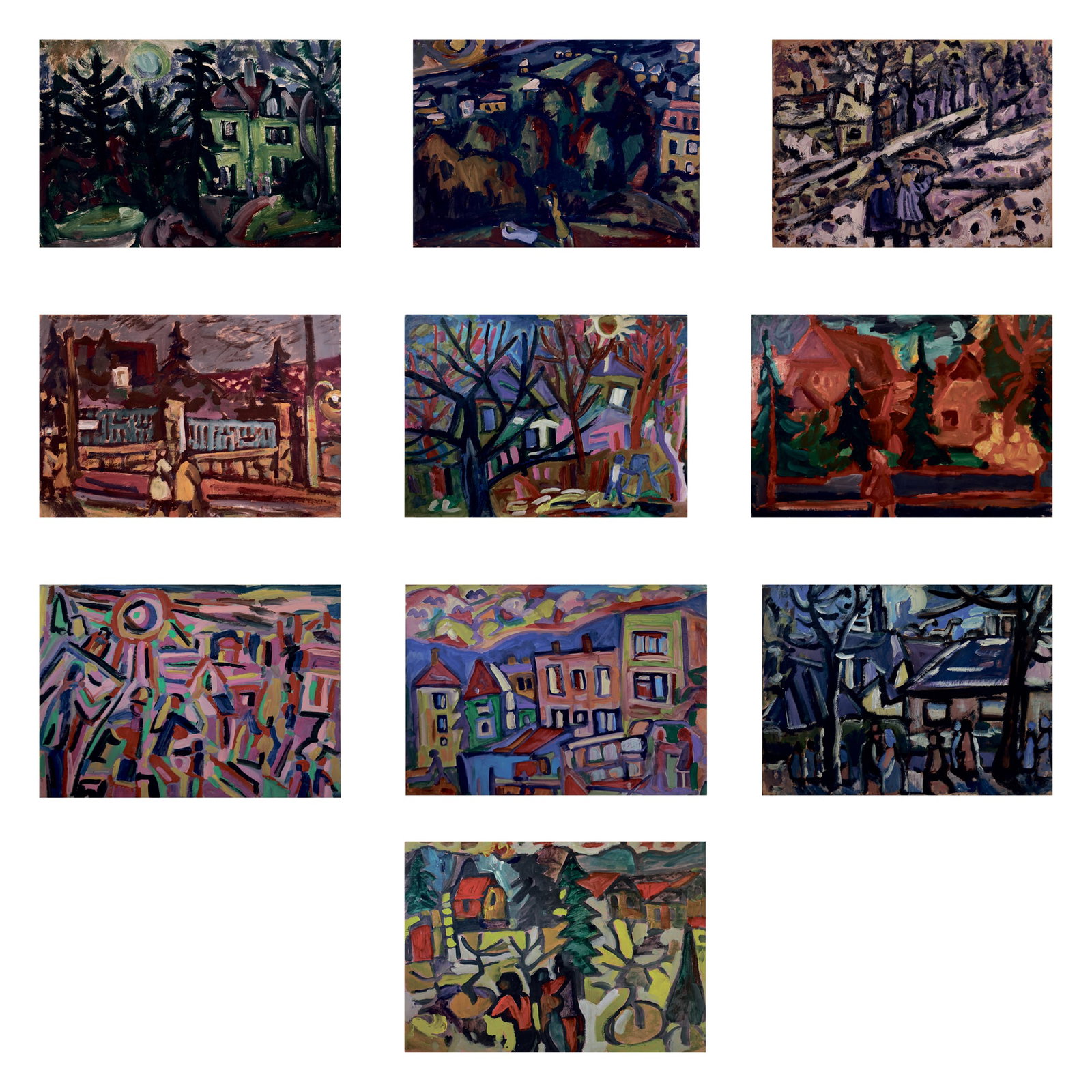 Miklos Nemeth* (Budapest 1934 - 2012 Budapest): Miklos Nemeth* (Budapest 1934 - 2012 Budapest) Bundle of 10 oil paintings oil/cardboard from c. 65 x 80 cm to 70 x 100 cm verso partially dated, estate stamp Miklos Nemeth