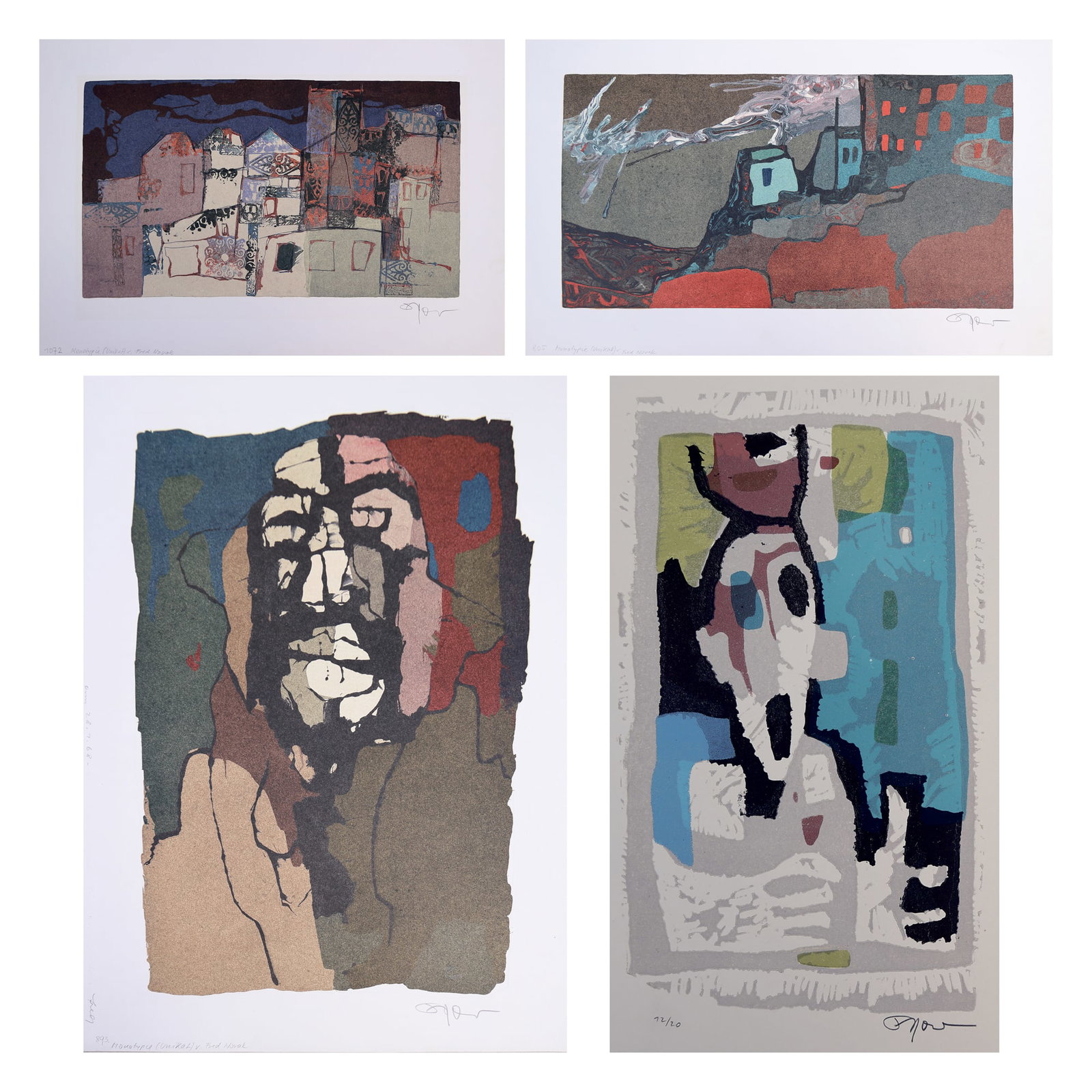 Fred Nowak* (Vienna 1919 - 1974 Vienna): Fred Nowak* (Vienna 1919 - 1974 Vienna) Bundle of 4 monotypes 1| Portrait, 1968 monotype/paper 48,2 x 35 cm signed Nowak, dated am 28.7.68 2| Screamer monotype/paper 27 x 16 cm signed Nowak, numbered