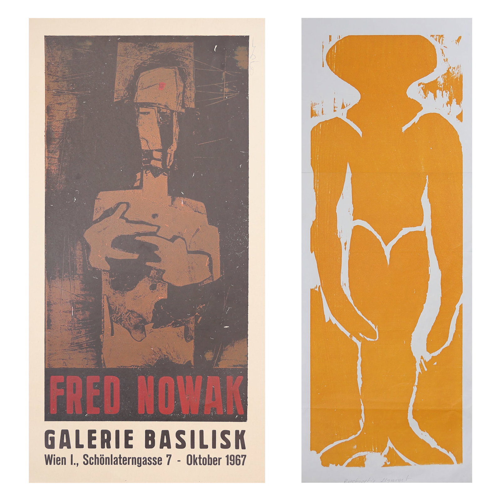 Fred Nowak* (Vienna 1919 - 1974 Vienna): Fred Nowak* (Vienna 1919 - 1974 Vienna) Bundle of 2 woodcuts 1| Figure I, 1977 woodcut/paper 61 x 21,5 cm verso inscribed and dated Alles Gute für 1978/ 27/XII/77 2| Figure II woodcut/paper 64 x