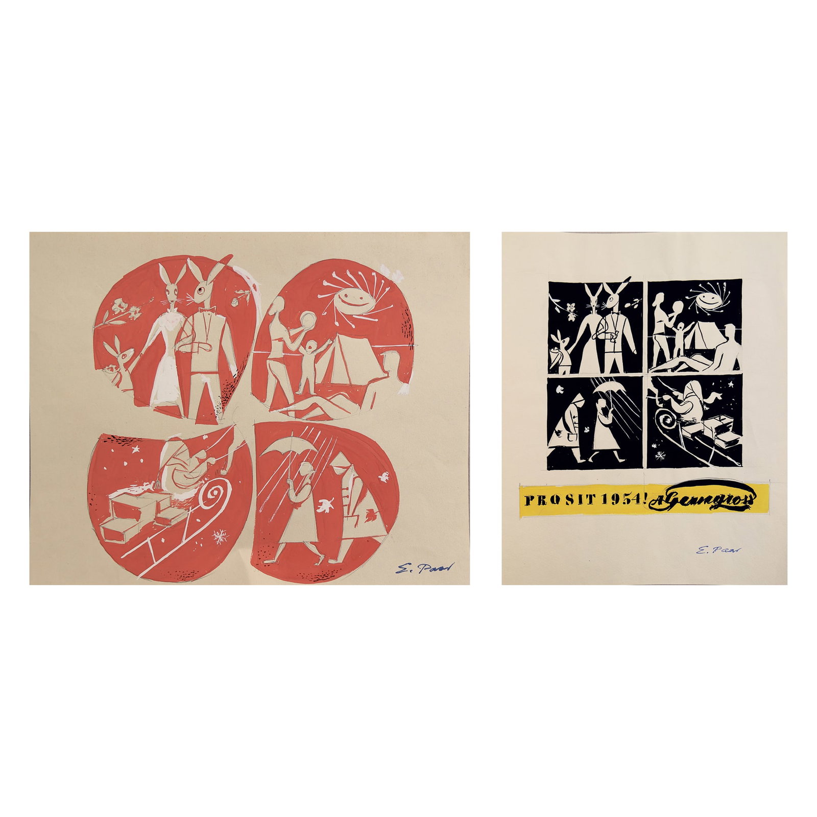 Ernst Paar* (Graz 1906 - 1986 Vienna): Ernst Paar* (Graz 1906 - 1986 Vienna) Bundle of 2 Christmas cards, 1954 gouache/paper c. 25 x 20 cm both signed E. Paar SCHÄTZPREIS / ESTIMATE °€ 100 - 200 STARTPREIS / STARTING PRICE